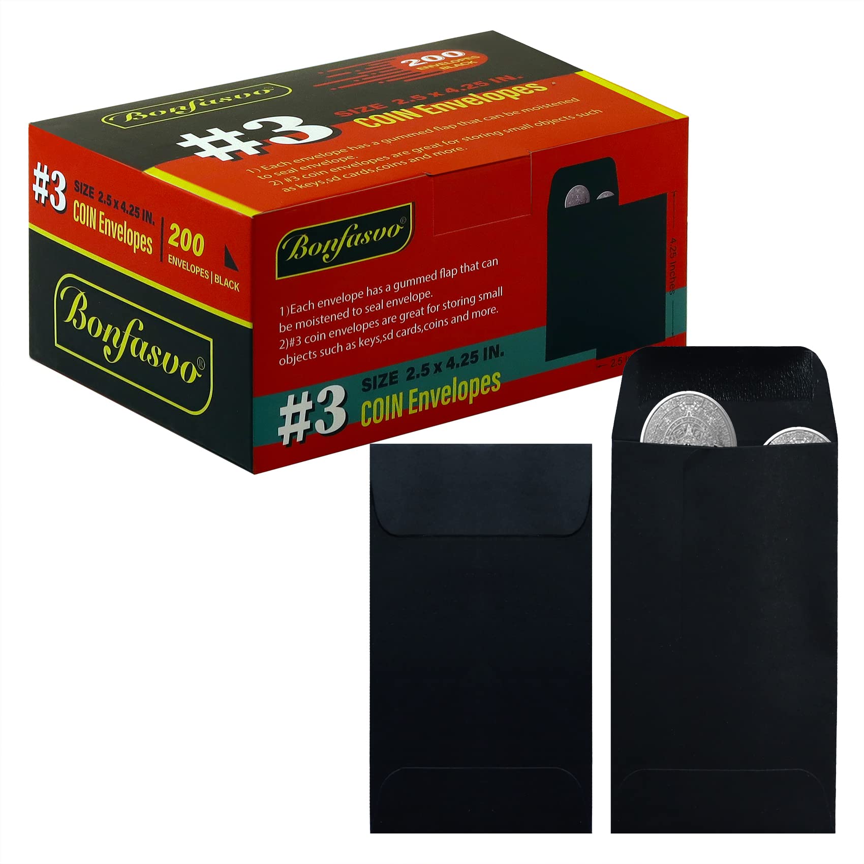 Bonfasvo 200 Pack #3 Black Coin Envelope 2.5 X 4.25 Inches Kraft Envelopes Classic Small Parts Envelopes With Self Adhesive Gumm