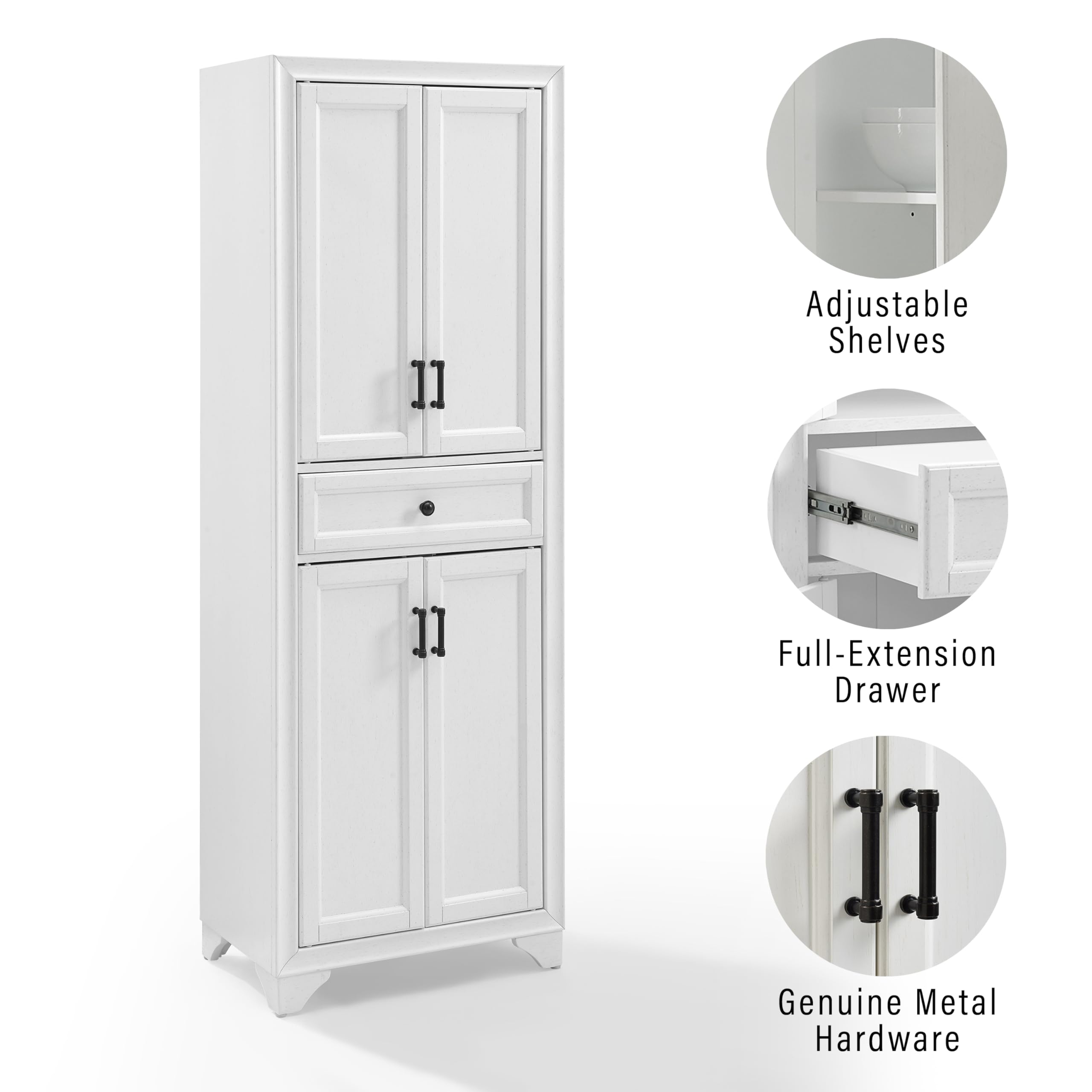 Crosley Furniture Tara Pantry Storage Cabinet with Shelves, Kitchen, Dining, or Laundry Room, Distressed White