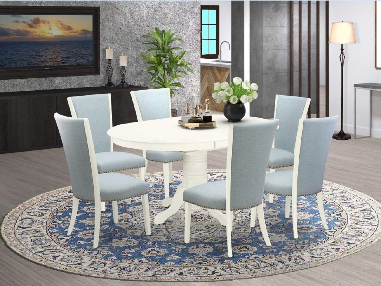 East West Furniture Avve7-Lwh-15 Avon 7 Piece Modern Dining Set Consist Of An Oval Wooden Table With Butterfly Leaf And 6 Baby Blue Fabric Upholstered Chairs, Linen White