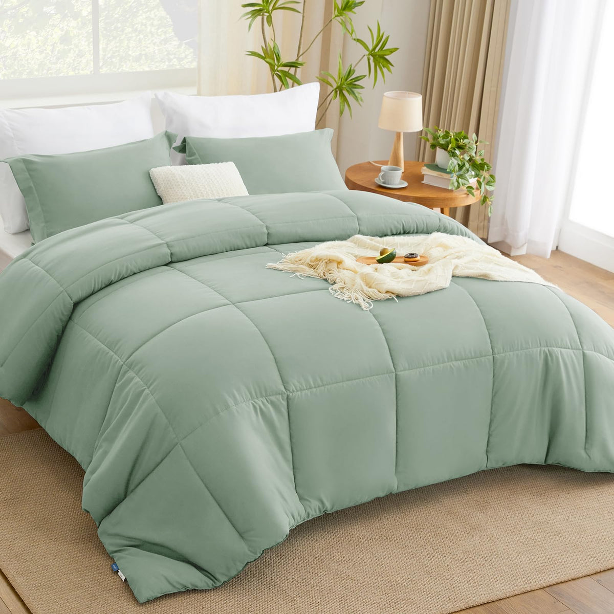 Cozylux Queen Comforter Set - Sage Green Comforter Queen Size, 3 Pieces Box Stitched Bed Set For All Seasons, Soft Lightweight Bedding Sets With 1 Down Alternative Comforter And 2 Pillow Shams