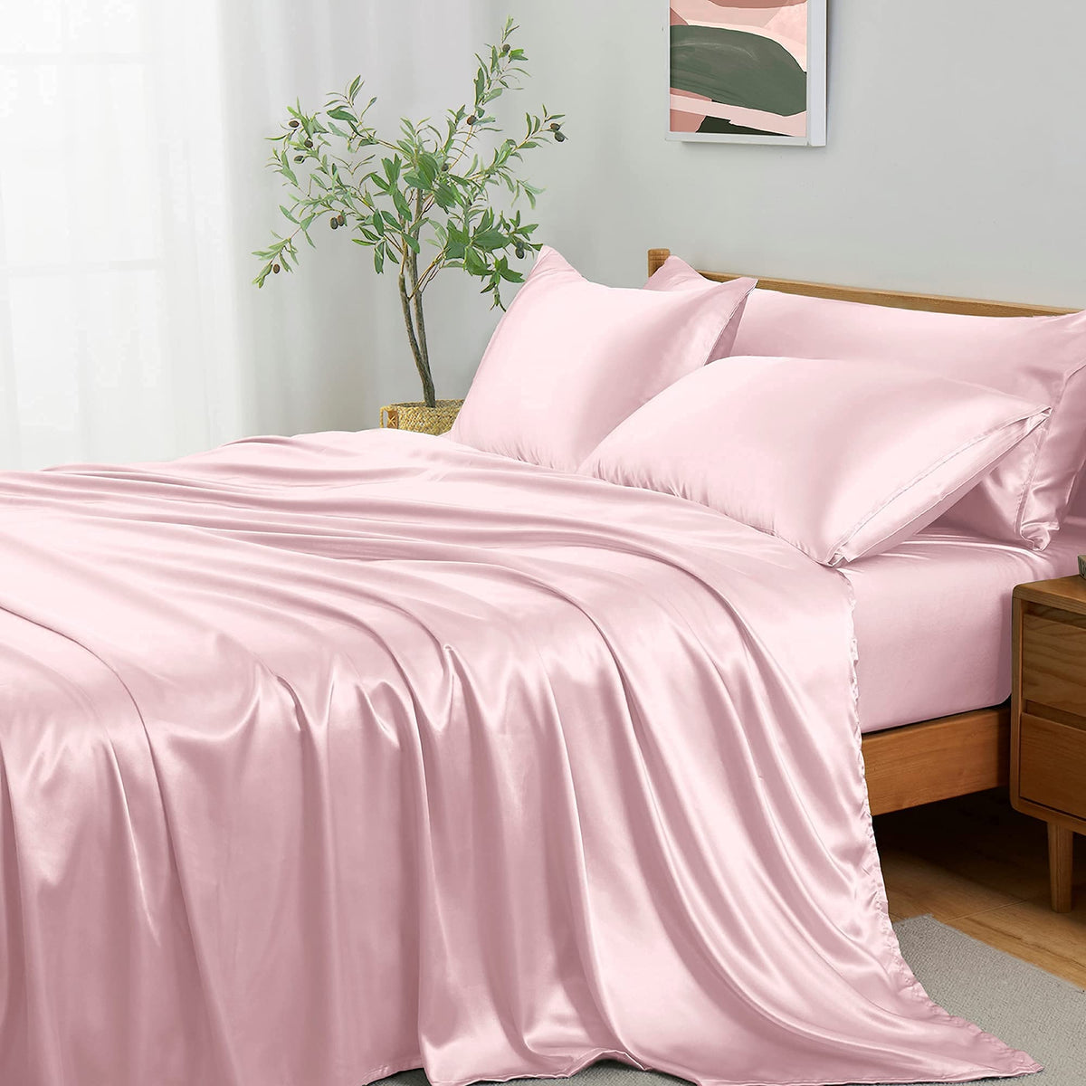Entisn 5Pcs Silky Satin Sheets Set, Queen Size Satin Bed Sheets Set, Blush Pink Luxury Bedding Sets, Breathable & Ultra Soft She