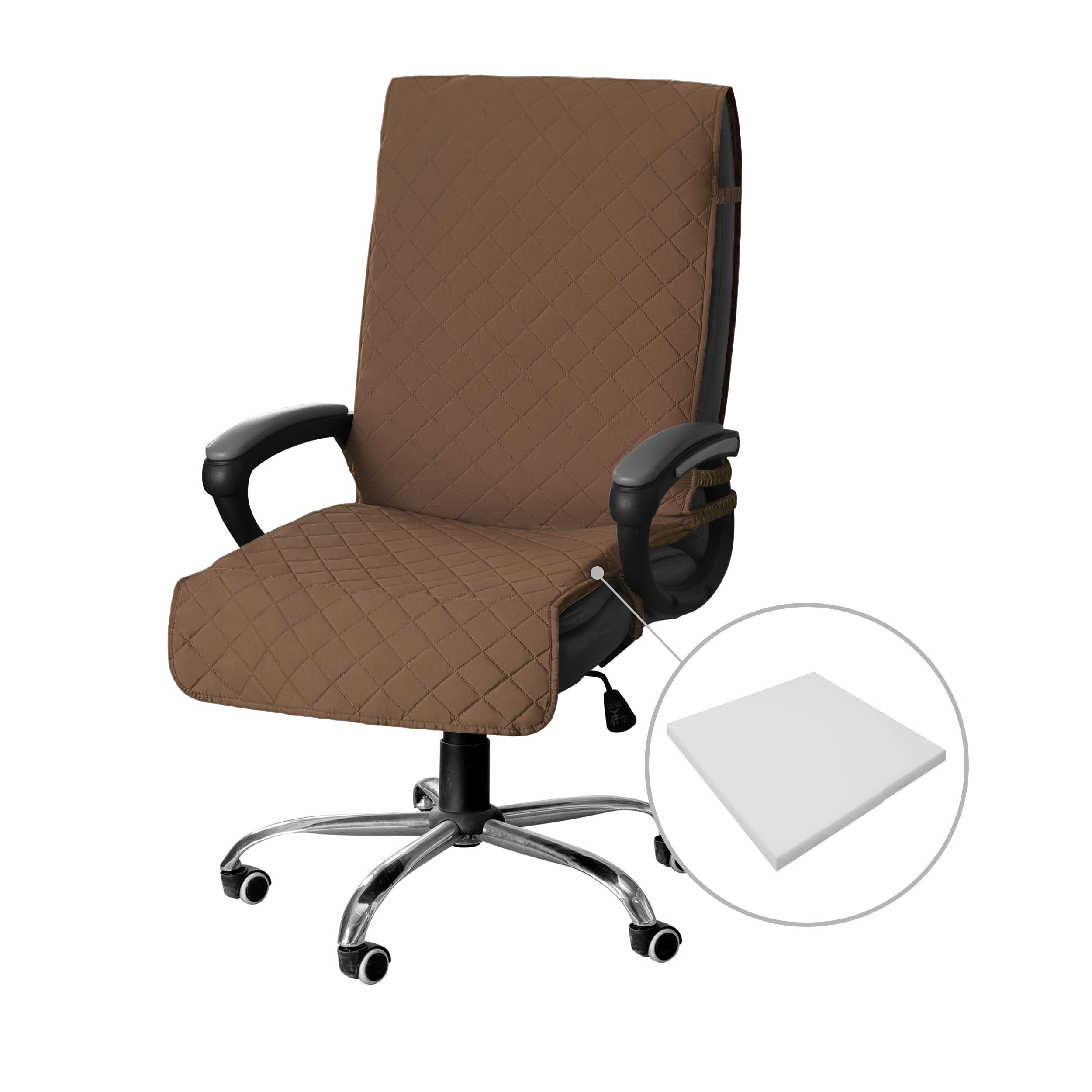 Easy-Going Quilted Microfiber Office Chair Cover With Soft Memory Foam Seat Cushion Water Resistant Desk Computer Chair Slipcover Anti-Slip Chair Protector (Medium, Brown)