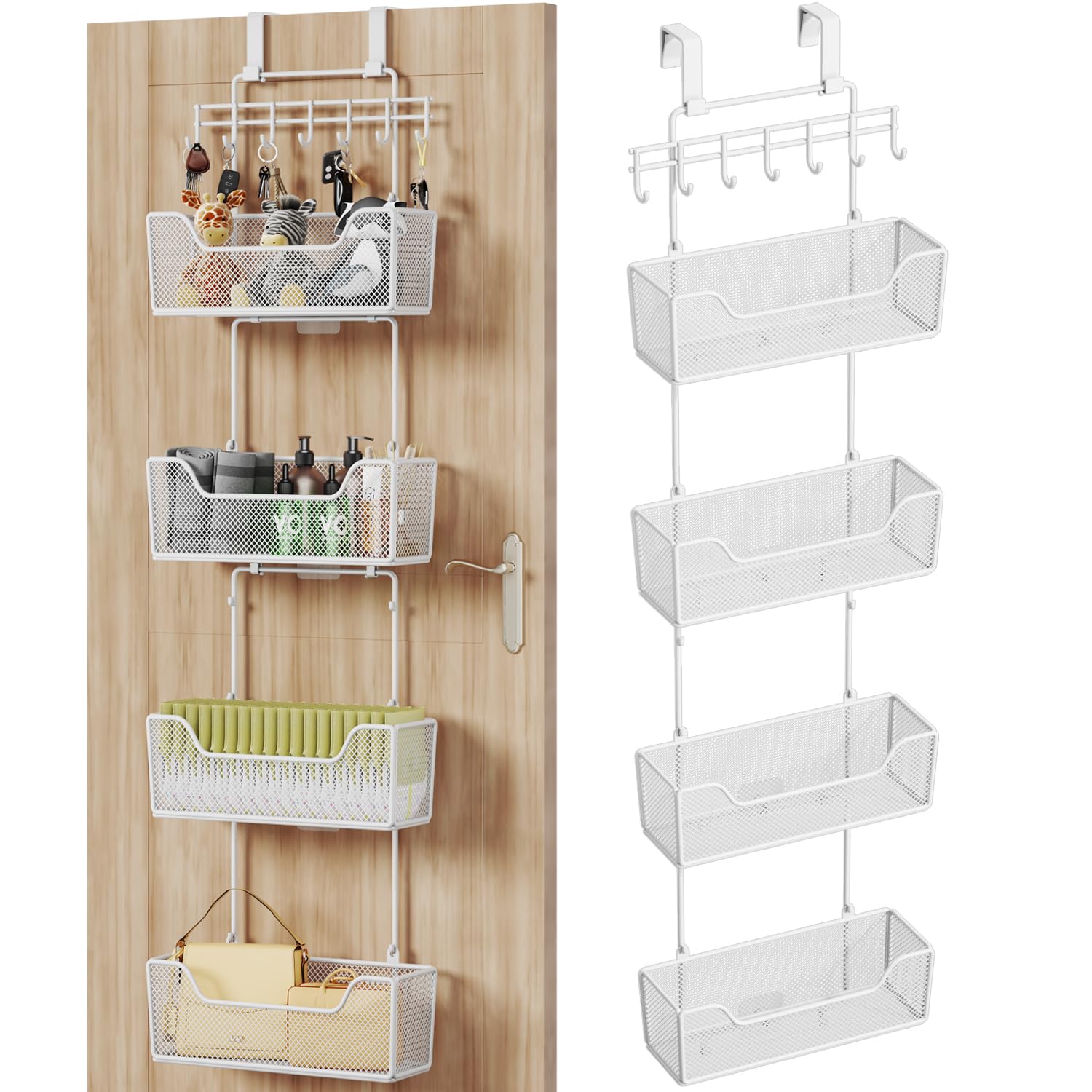 HapiRm Over Door Organizer Storage - Hanging Door Organizer with 4 Metal Large Capacity Baskets and Adjustable Coat Hook, Behind