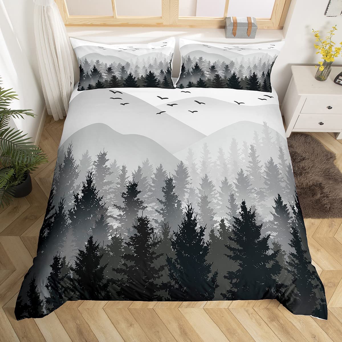 Feelyou Kids Nature Bedding Set Black And White Tree Mountain Duvet Cover Queen Size For Women Men Bedroom Natural Woodland Deco
