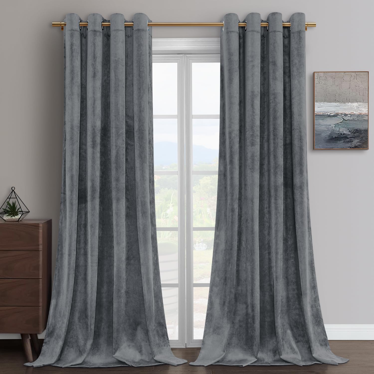 Homeideas Grey Blackout Velvet Curtains 96 Inches Long 2 Panel Heavy Duty Gray Curtains For Living Room Thermal Insulated Gromme