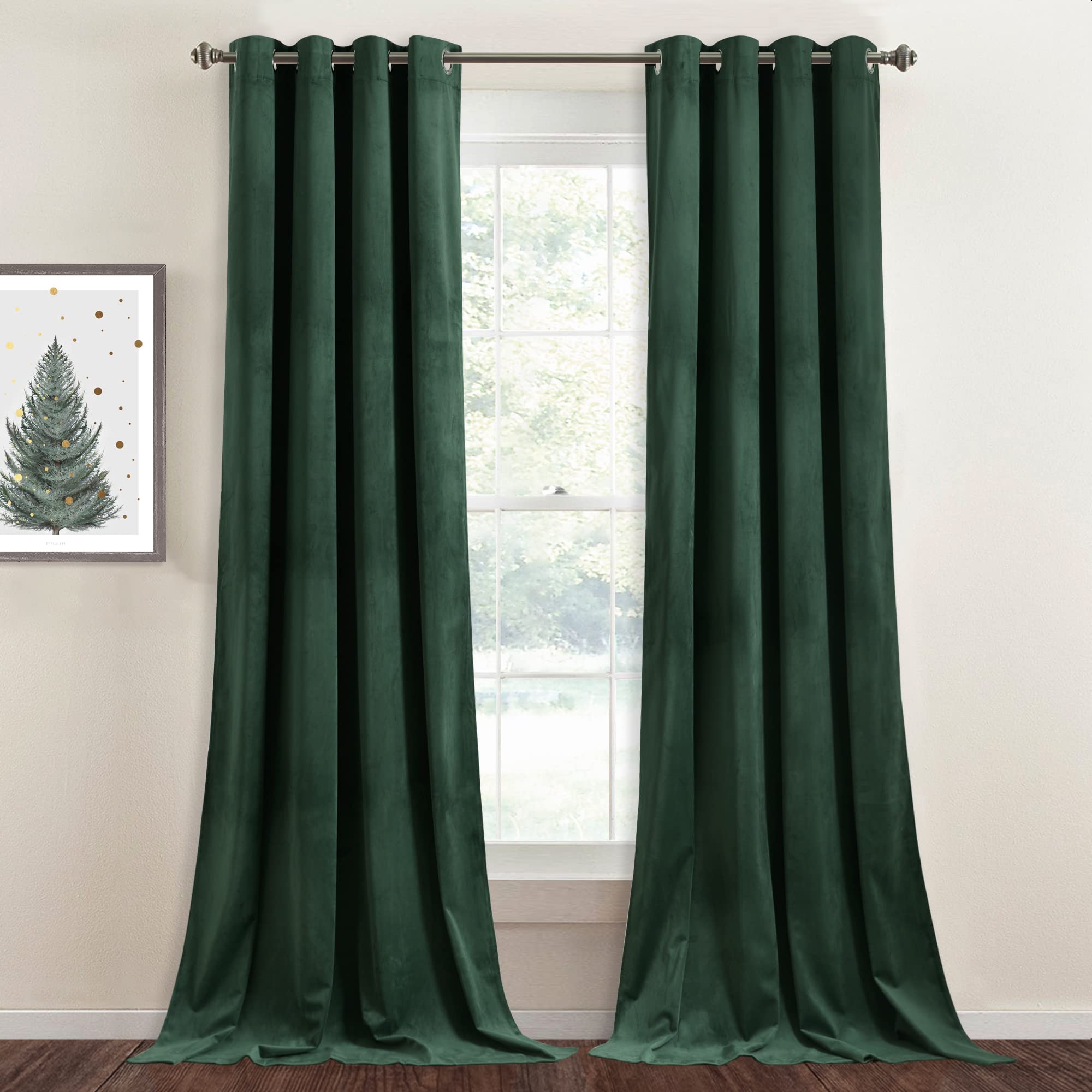 Stangh Dark Green Velvet Curtains - Super Soft Blackout Panels Holiday Decor Christmas Backdrop Curtains, Grommet Thermal Insula