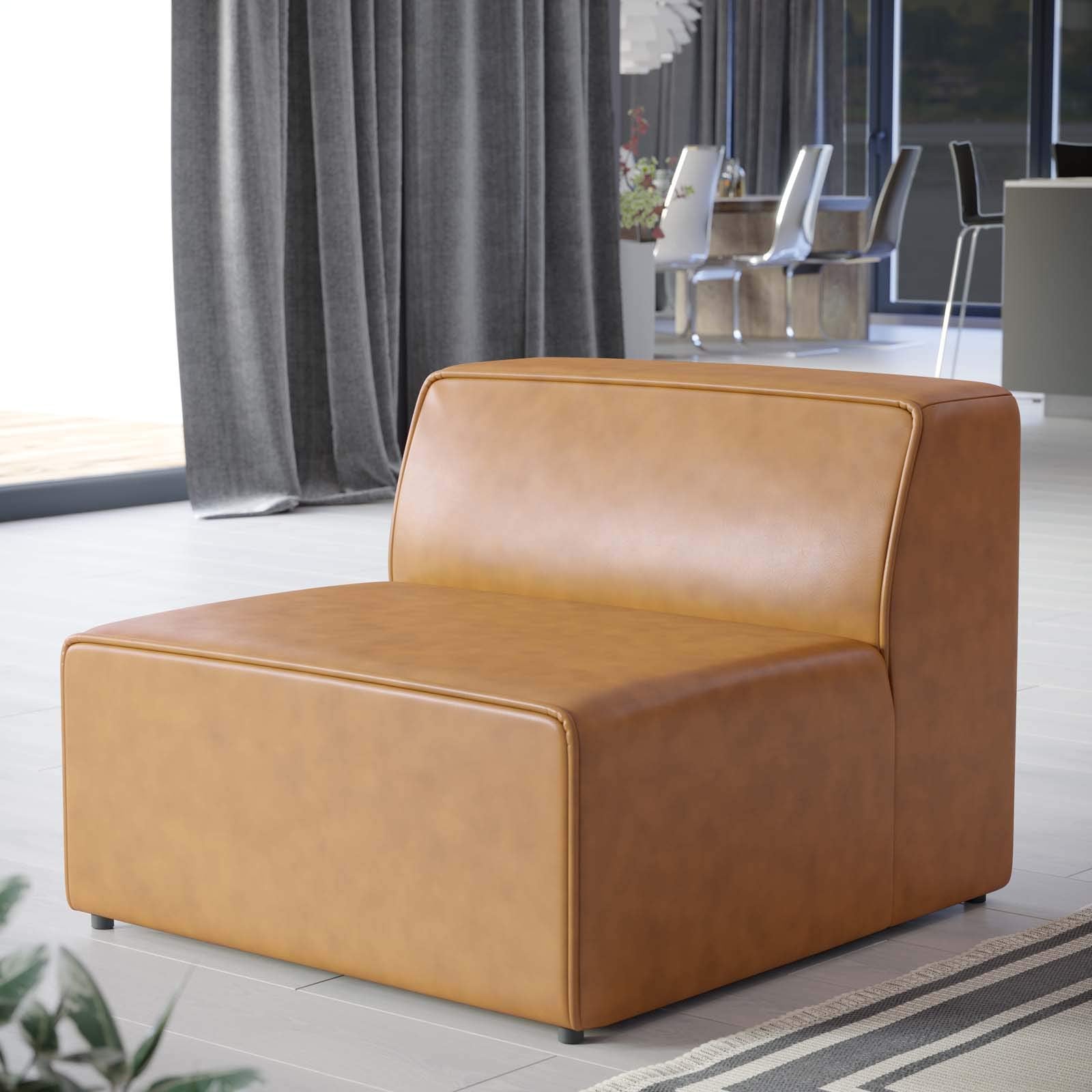 Modway Mingle Vegan Leather Sectional Sofa Armless Chair in Tan