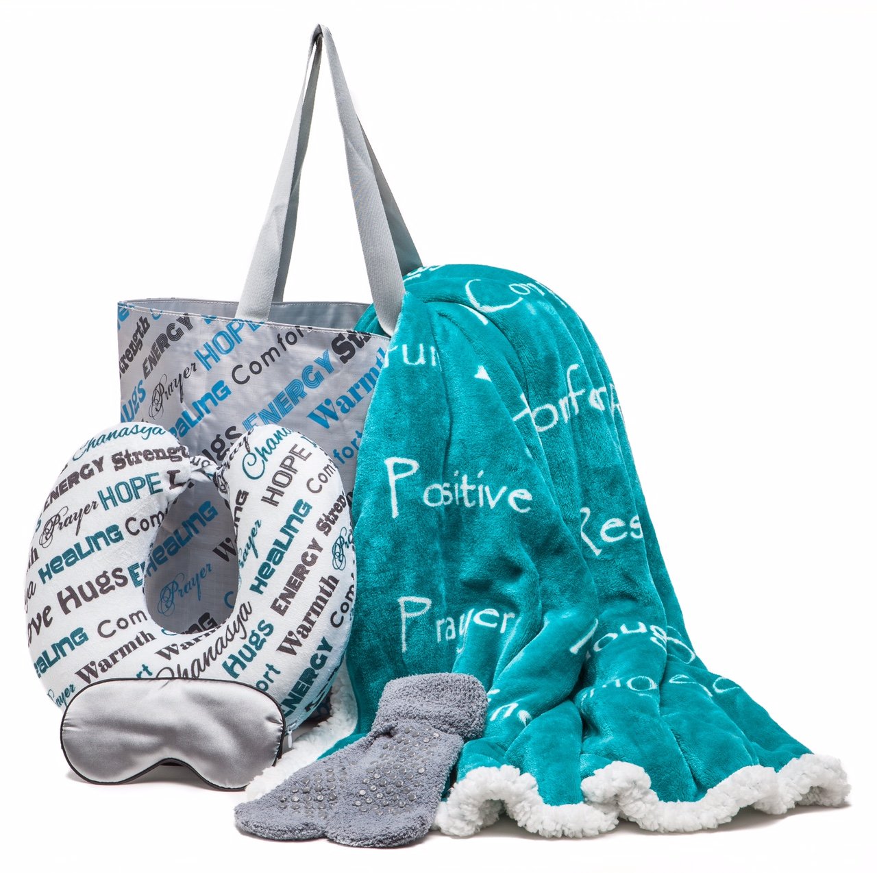 Chanasya Premium Care Gift Package - Throw Blanket, Neck Pillow, Eye Mask, Tote Bag, Socks - 50    X 65    - 5-Piece Set, Teal