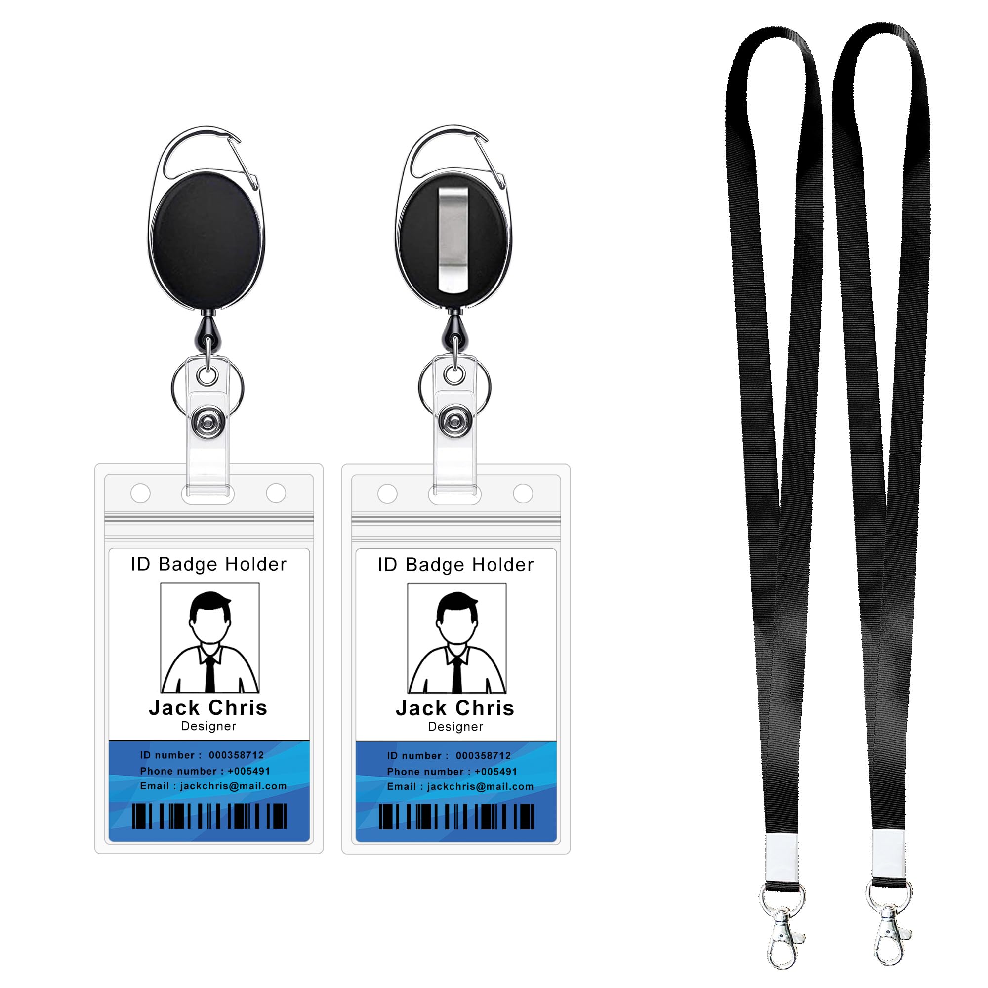Retractable Badge Reel With Claw Clasp And Clip For Id Card Holders (2 Id Cases 2 Retractable Reels 2 Lanyards Black)