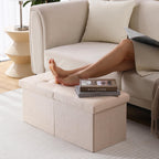 Cuyoca Storage Ottoman Bench Foldable Seat Footrest Shoe Bench End Of Bed Storage With Flipping Lid, 75L Storage Space, 30 Inches Linen Fabric Sandy Beige