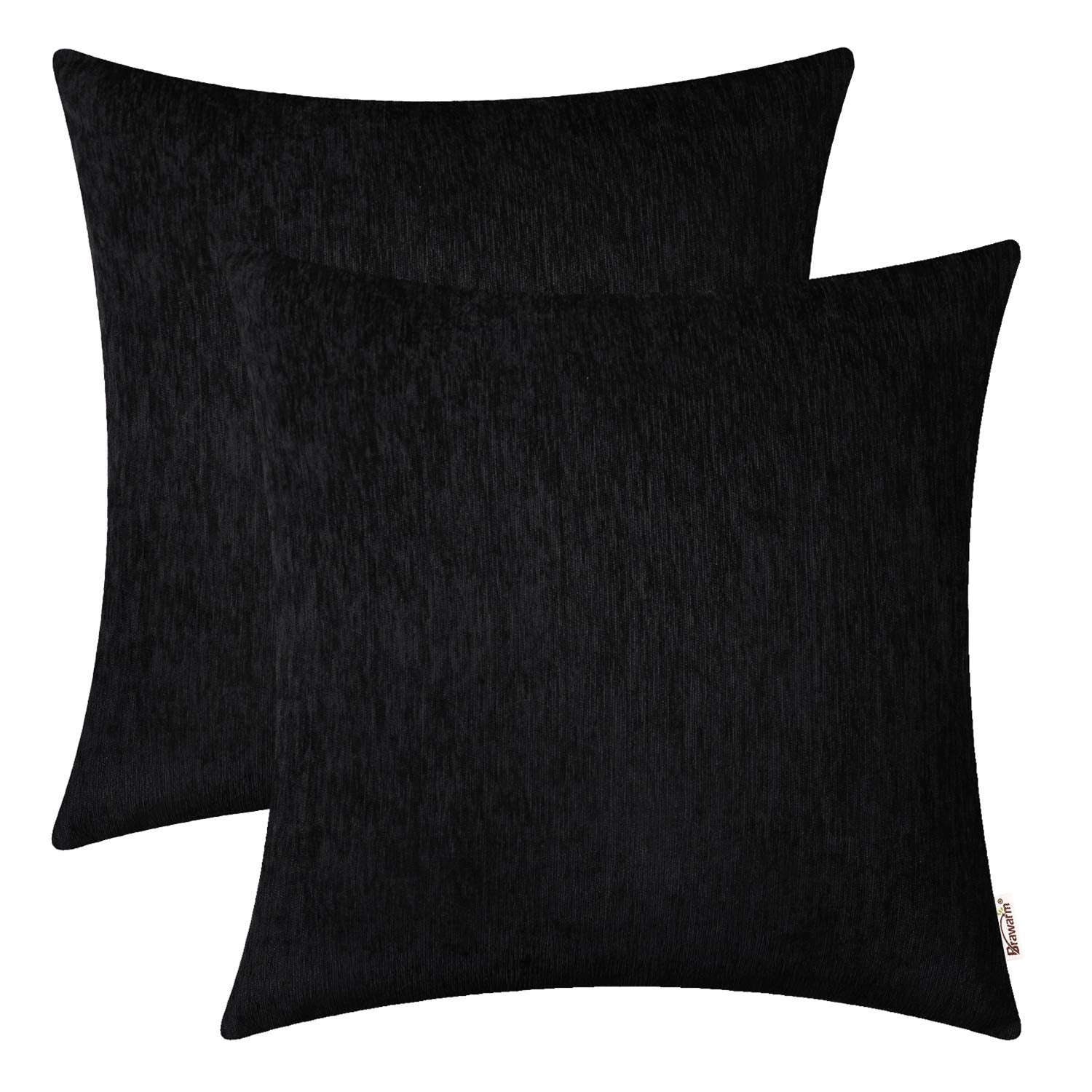 Brawarm Chenille Throw Pillow Covers 16X16 Inches - Black Chenille Pillow Covers Pack Of 2, Solid Dyed Soft Chenille Pillow Case