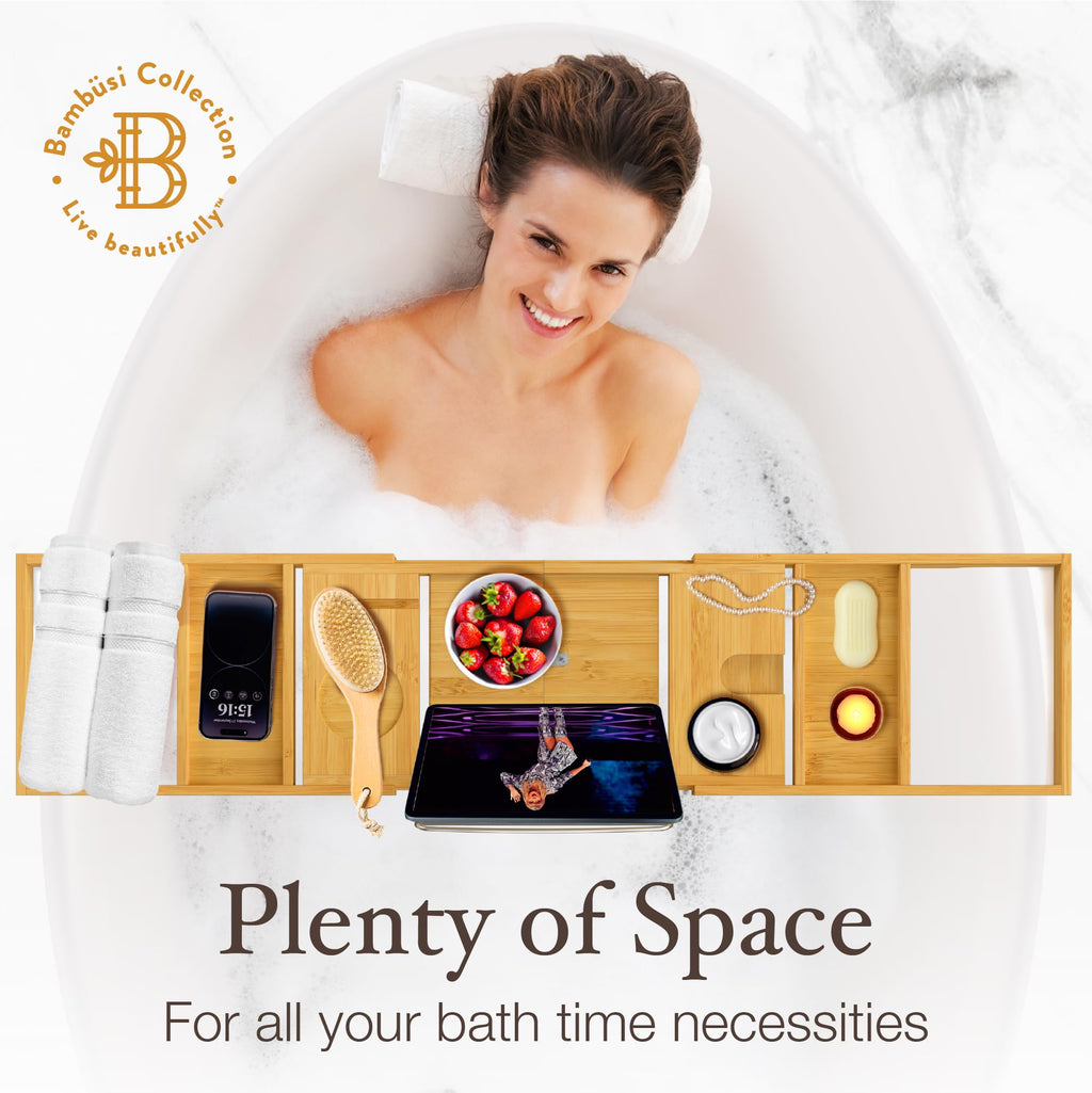 Bamboo Bathtub Tray For Tub - Expandable Bath Tray For Tub With Wine, Book & Tablet Holder - Luxurious Bath Accessories, Bath Ta