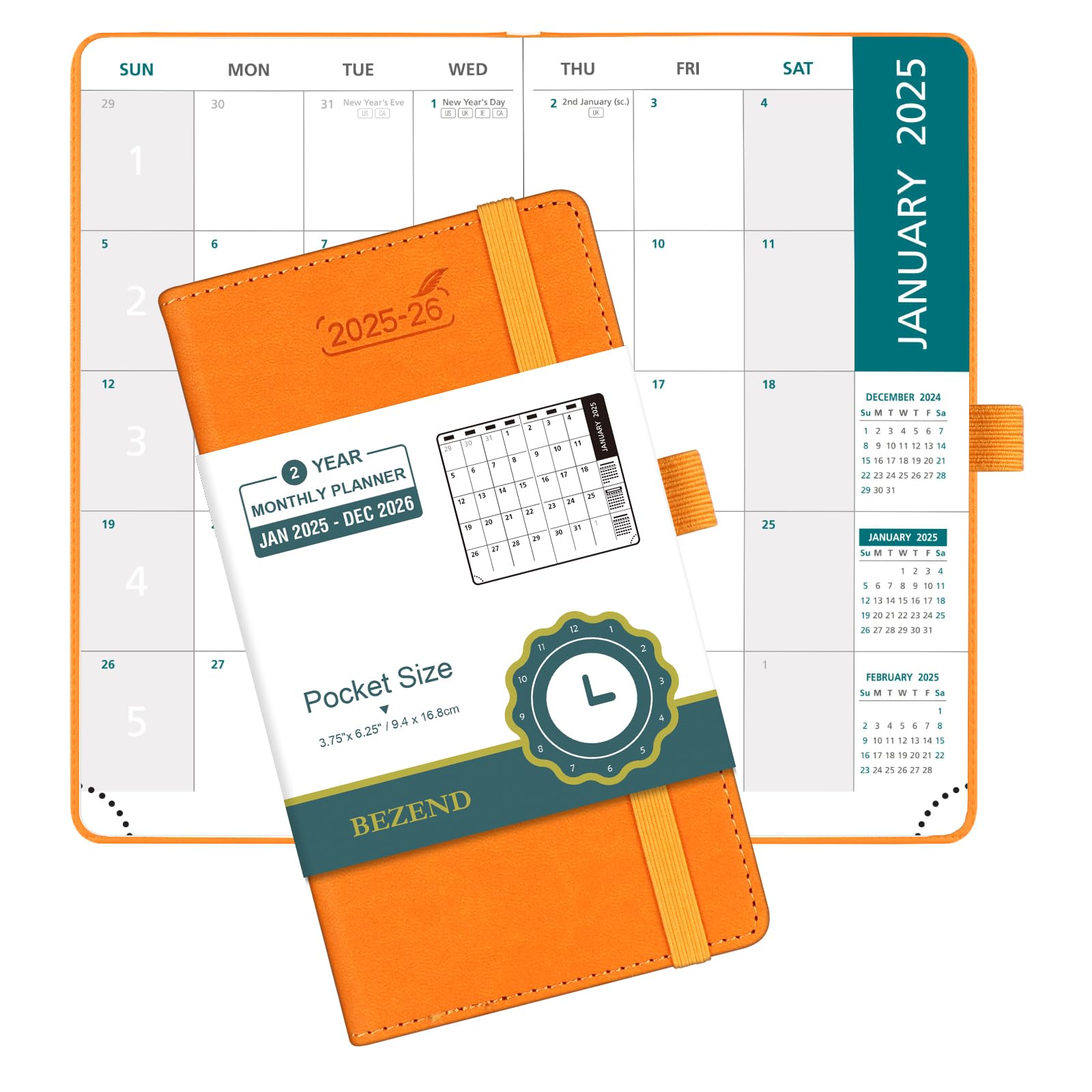Bezend 2 Year Pocket Calendar 2025-2026 - Small Monthly Planner For Purse 6.5' X 3.5', Runs Jan 2025 To Dec 2026, 100 Gsm Pape