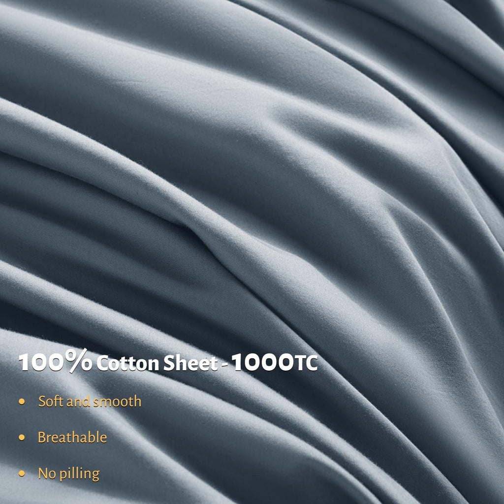 Shilucheng 100% Egyptian Cotton Queen Size Sheets Set - 1000 Thread Count,Luxury Cotton Bed Sheets,Breathable & Cooling Bedding And Pillow Cases, 16 Inch Deep Pocket - 4 Piece (French Blue, Queen)