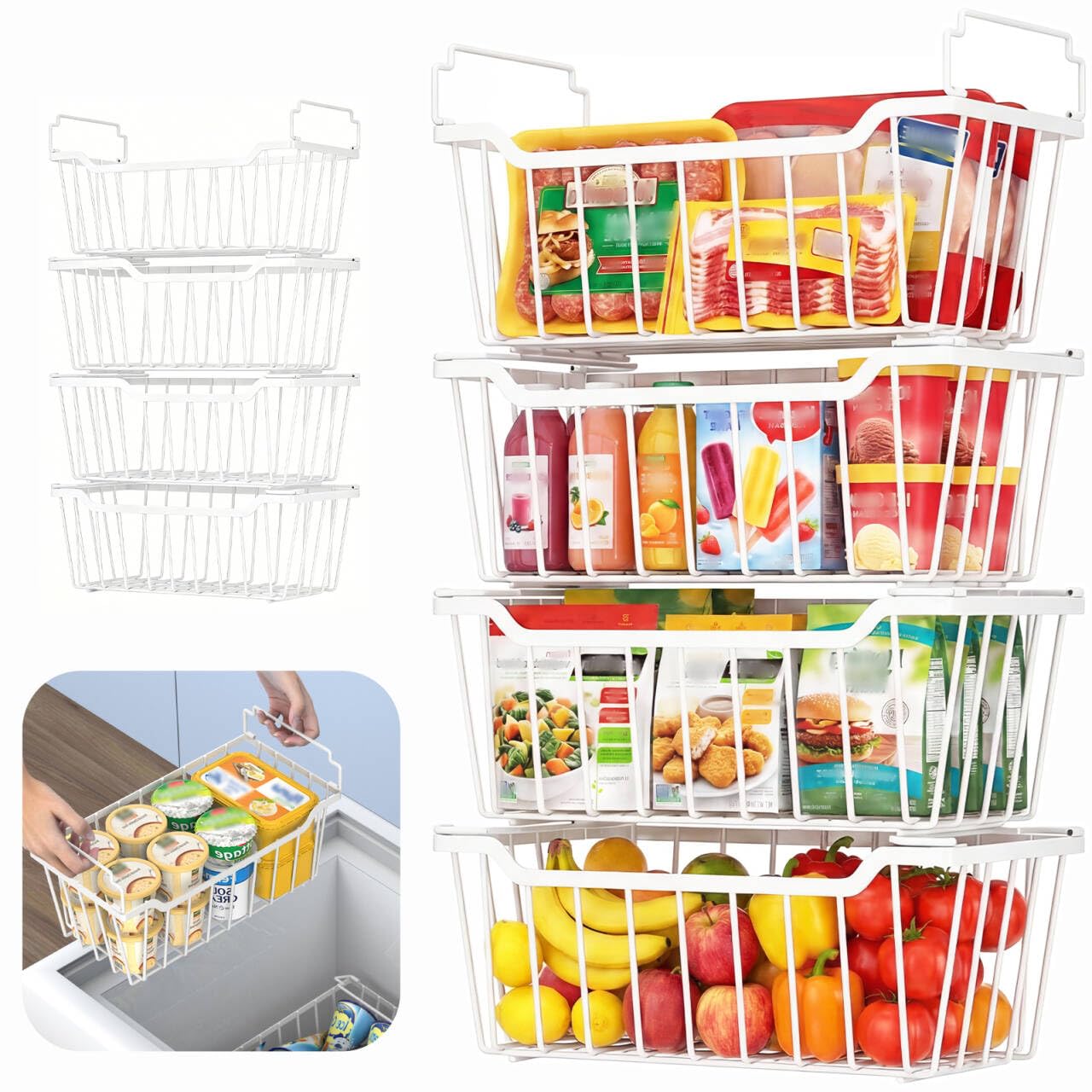 Goovilla Freezer Organizer Bins with Foldable Handle, 8 Pack Stackable Freezer Baskets for 3.5-7 Cu.FT Deep Chest Freezer Organi