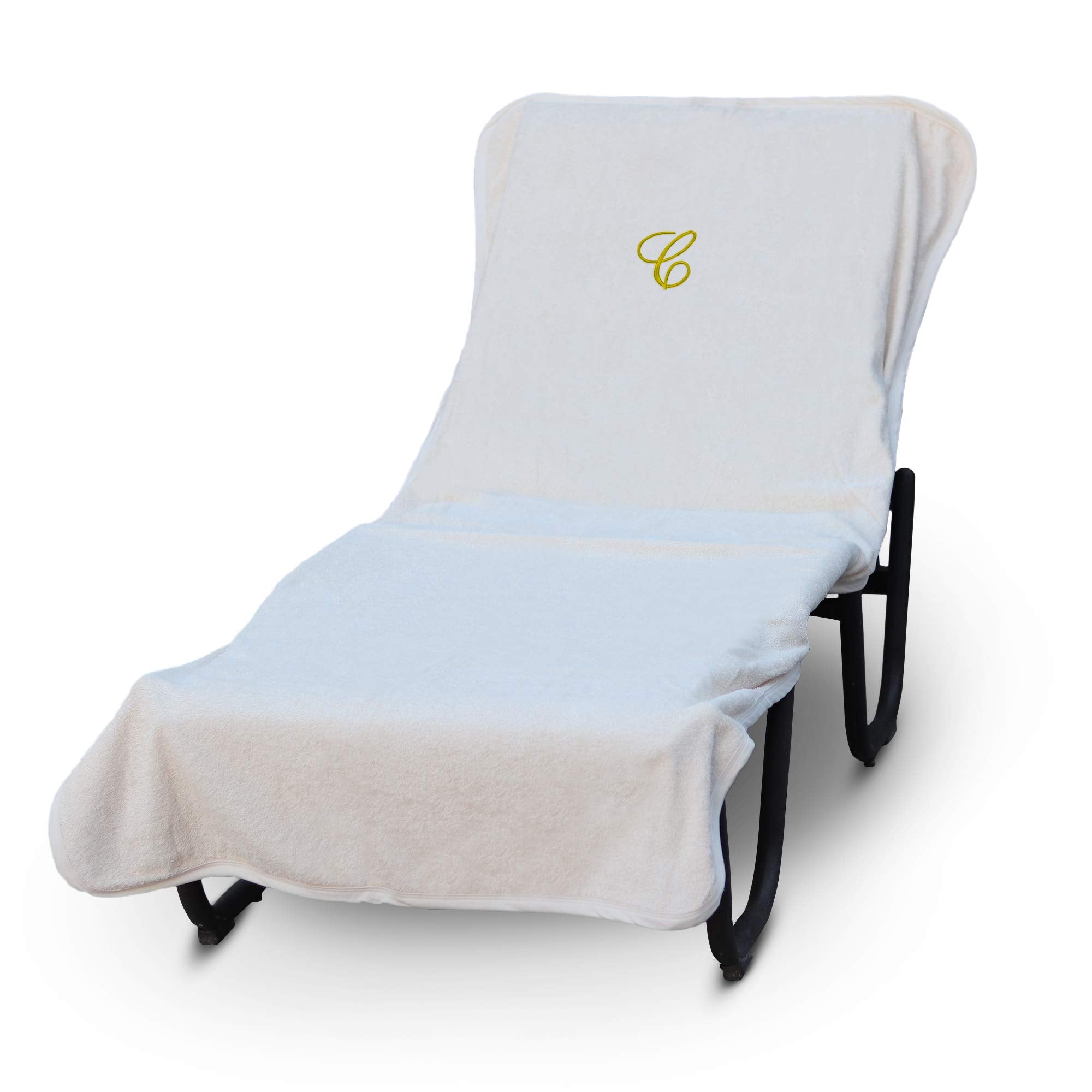 Luxury Hotel & Spa Monogrammed Pool Chaise Lounge Cover, Gold Embroidered - Extra Absorbent 100% Turkish Cotton- Soft Terry - Hotel-Style, Standard Size 90' X 29' - Script C White