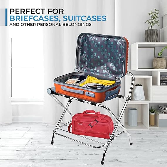 2-Shelf Foldable Luggage Rack with Nylon Straps, High-Back Support, Chrome Finish
