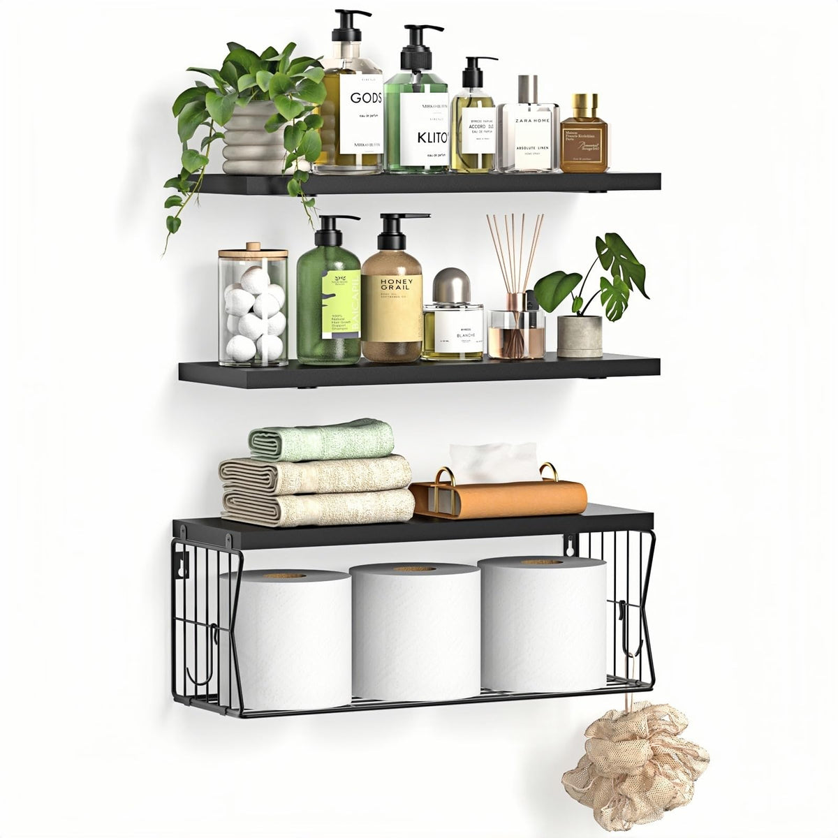 Floating Bathroom Shelves Wall Mounted  Wooden Shelf Set of 3 for Over Toilet Storage & Modern Bathroom Decor  Perfect Wall Sh