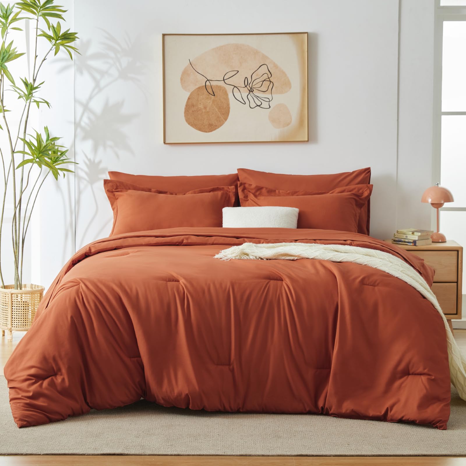 Cozylux Full Comforter Set Burnt Orange, 7 Pieces Bed In A Bag Terracotta Comforter Set With Sheets, All Season Boho7Pc Bed Sets With Comforter, Fitted Sheet, Flat Sheet, Pillow Shams And Pillowcases