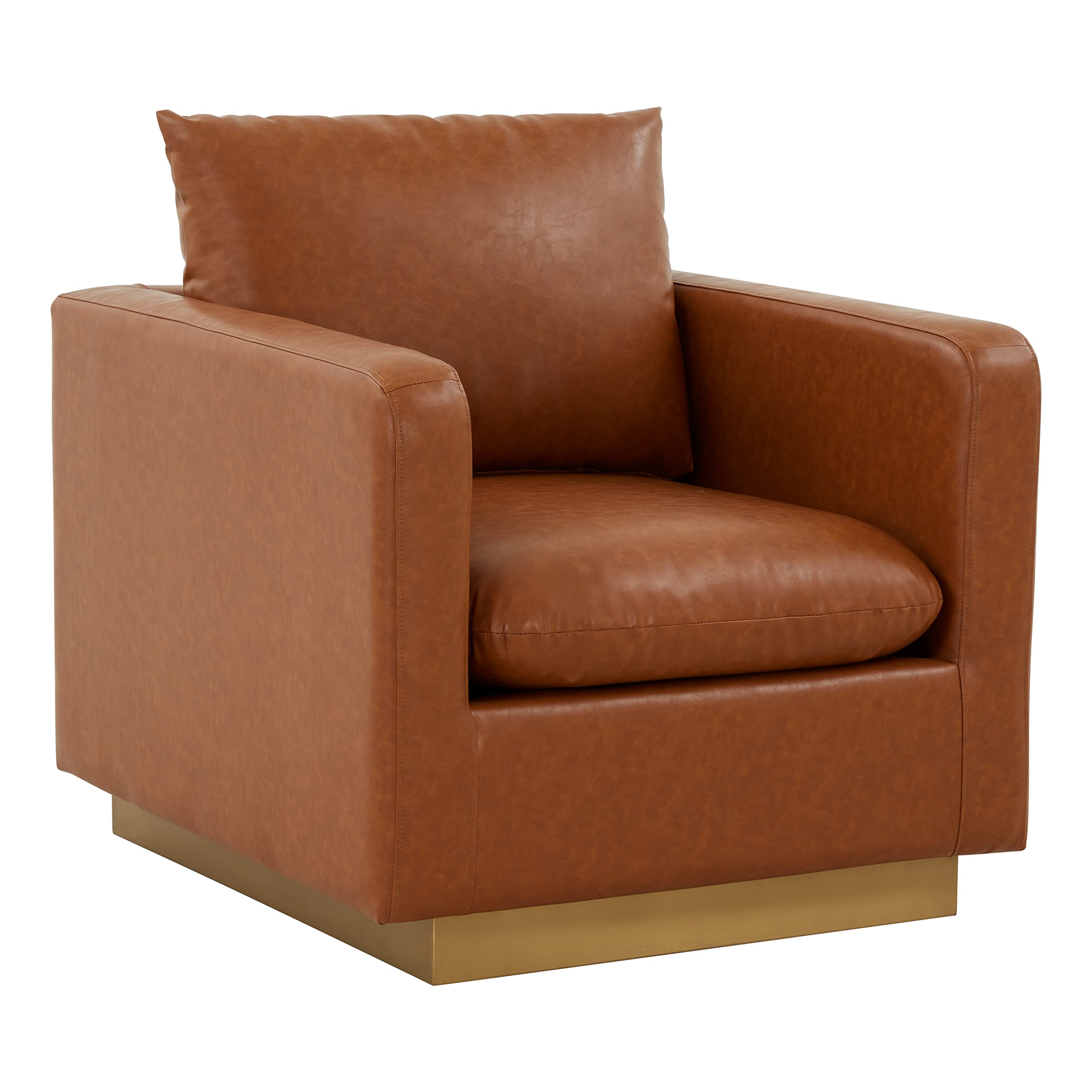 LeisureMod Nevro Nervo Modern Upholstered Leather 32 Accent Chair with Gold Base & Removable Cushions, Cognac Tan