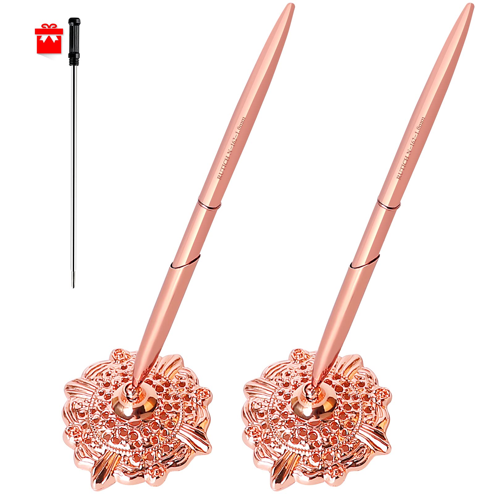 Rutich Hollow Round Pen Holder Signing Pen Set For Wedding Bridal Engagement Valentine'S Day Favors,Rose Gold 2 Pcs