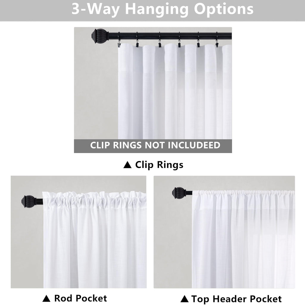 Mrs.Naturall 60" Wide White Curtains, 2 Panels, Semi-Sheer Linen, 60x108" for Living Room, Home Office, Model MN-HFM-CGCL-Pure