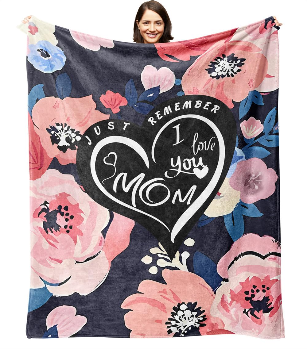 Mom Blankets From Daughter, Birthday Gifts For Mom From Son, I Love You Mom Blanket For Mother With Pink Flowers , Thanksgiving