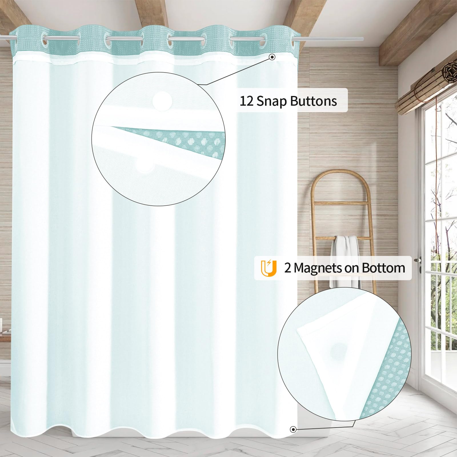 Mitovilla Teal No Hooks Needed Waffle Shower Curtain With Snap-In Liner, Turquoise Modern Waffle Weave Heavy Fabric Cloth Shower
