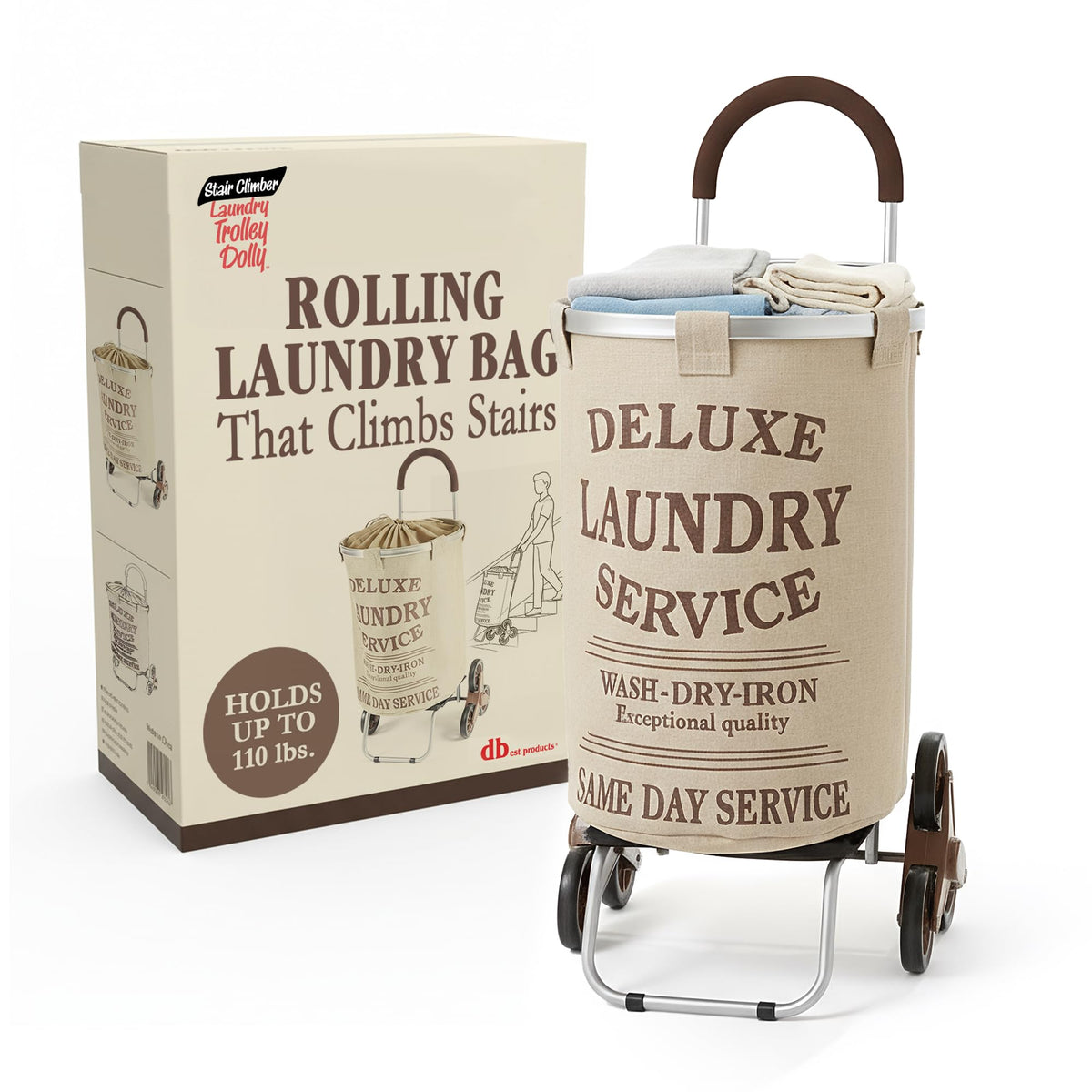 dbest products Stair Climber Laundry Trolley Dolly, Beige Laundry Bag Hamper Basket cart with wheels sorter