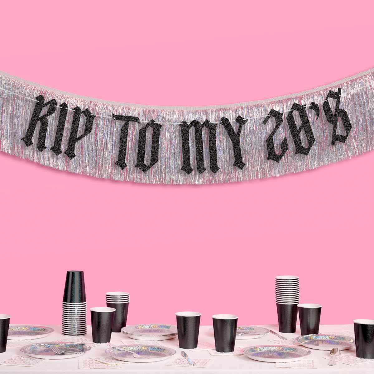 xo, Fetti RIP to My 20s Fringe Banner - Black Glitter & Iridescent Fringe, 5.5 Ft. | Birthday Decorations, Bday Party Sign, 30th