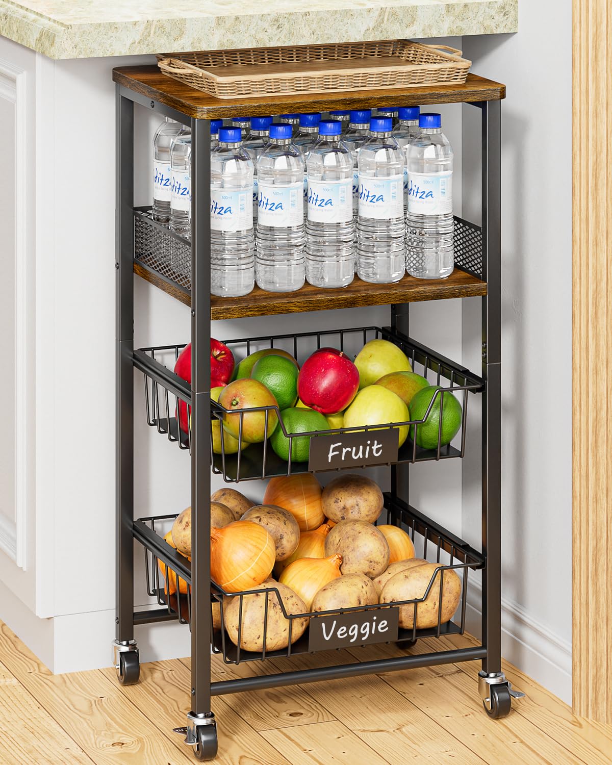 Giwil 4Tier Fruit Vegetable Storage Cart Rolling Kitchen Cart with Drawer