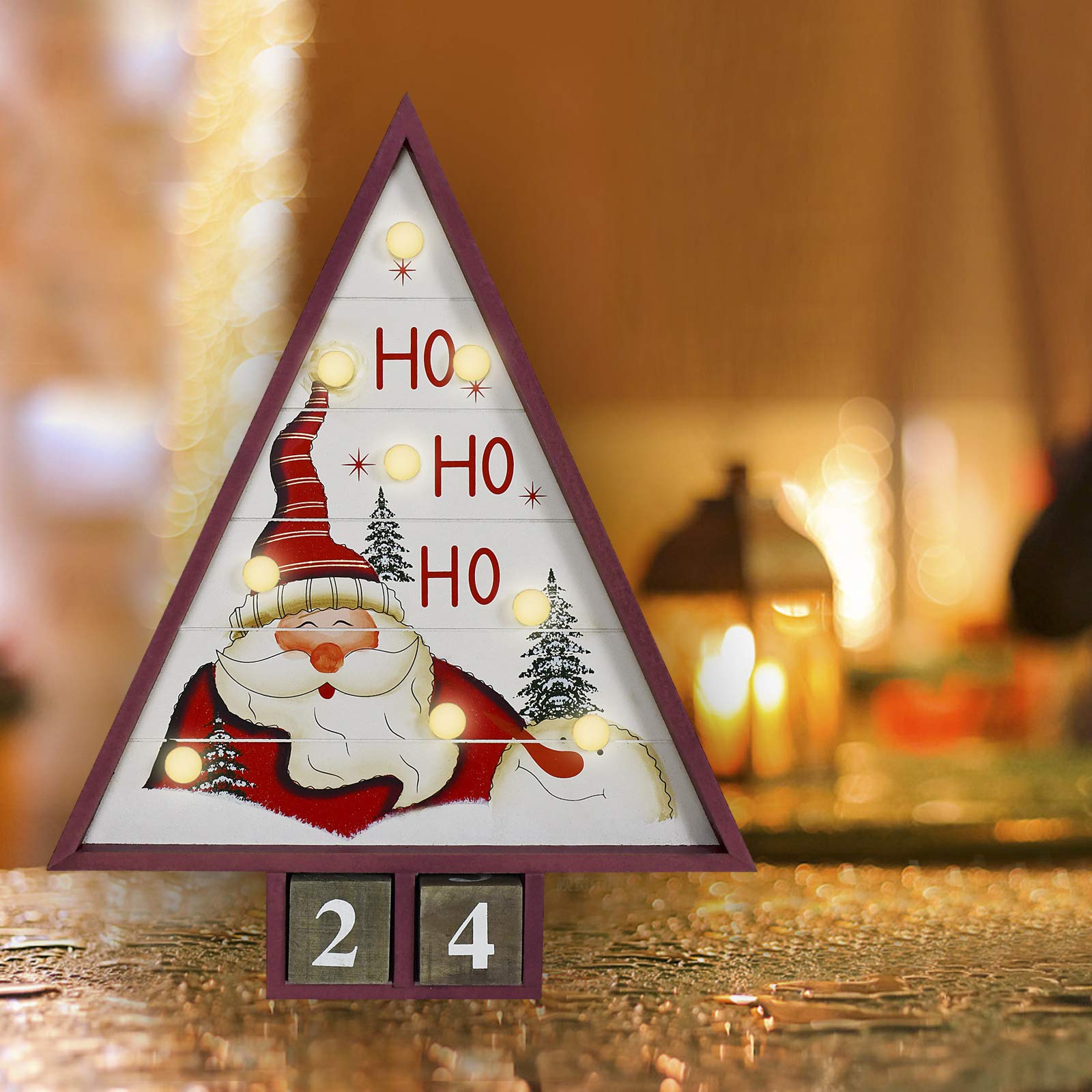 E-View Wooden Advent Countdown Calendar With Lights And 2 Blocks - Days Until Christmas Countdown - Wood Snowman Santa Christmas