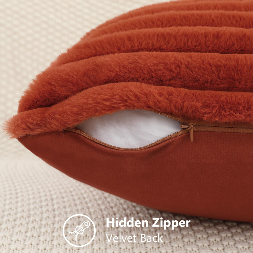 Decoruhome Faux Fur Throw Pillow Covers 12X20 Set Of 2, Decorative Soft Plush Striped Lumbar Couch Pillow Covers With Velvet Back For Sofa, Bed, Living Room, Rust