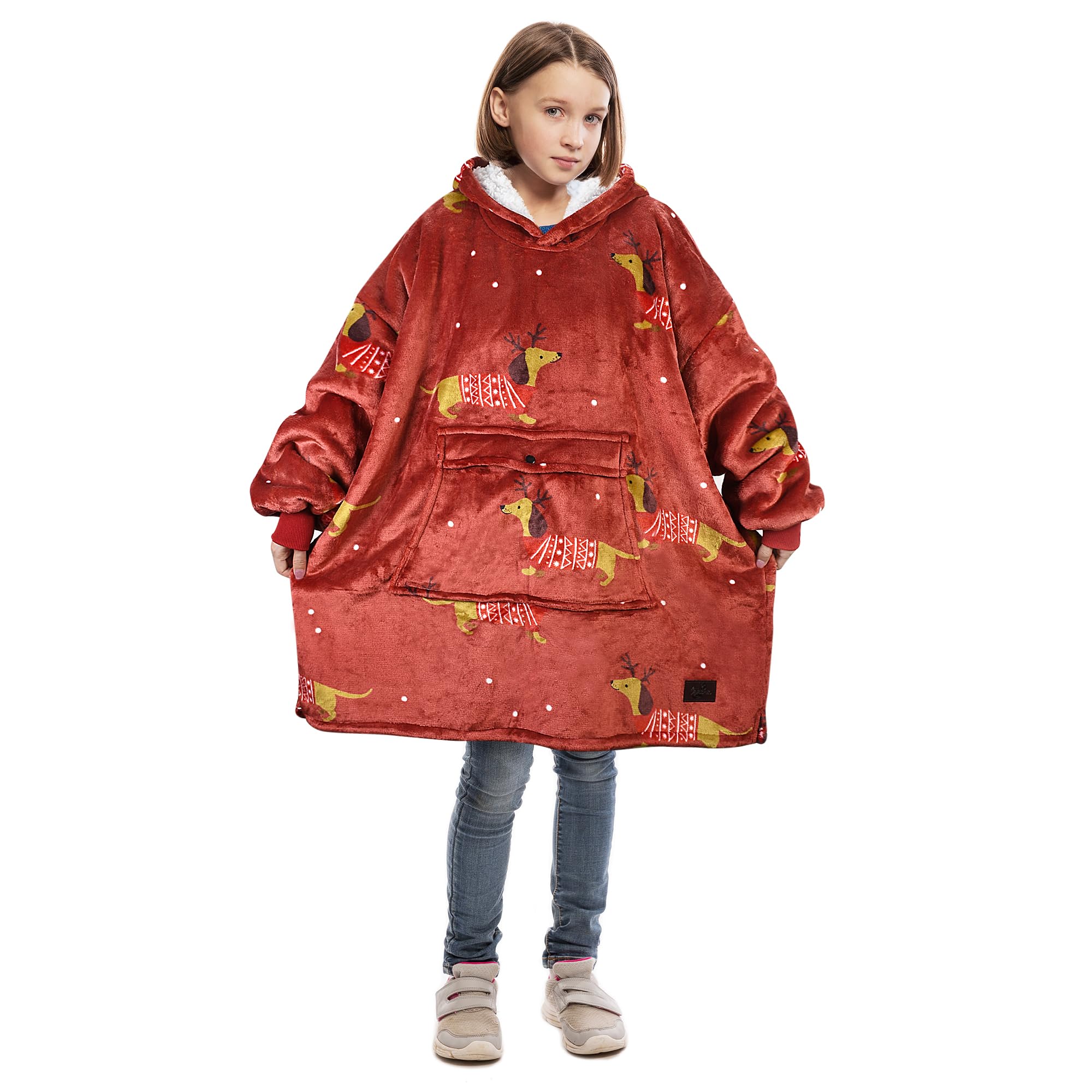 Catalonia Xmas Dachshund Blanket Hoodie For Kids, Oversized Wearable Sherpa Sweatshirt Pullover For 7-16 Yr Teens Youth, Kids Gi
