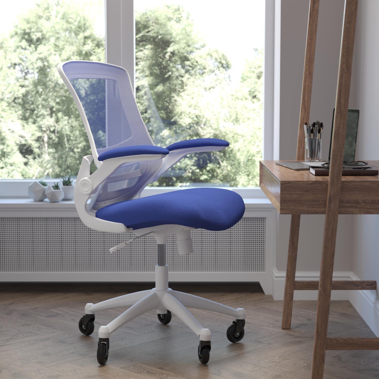Flash Furniture Kelista Mid-Back Blue Mesh Swivel Ergonomic Task Office Chair With White Frame, Flip-Up Arms, And Transparent Roller Wheels