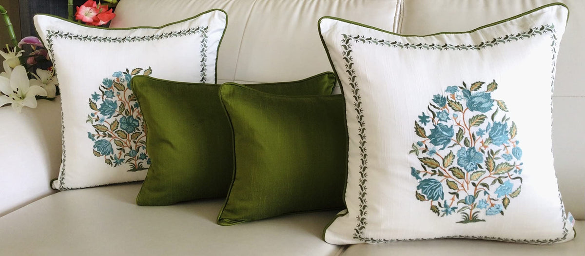Tara Sparkling Homes Cotton Silk Embroidered Cushion Covers  16 X 16 Inch, Blue, Set Of 4