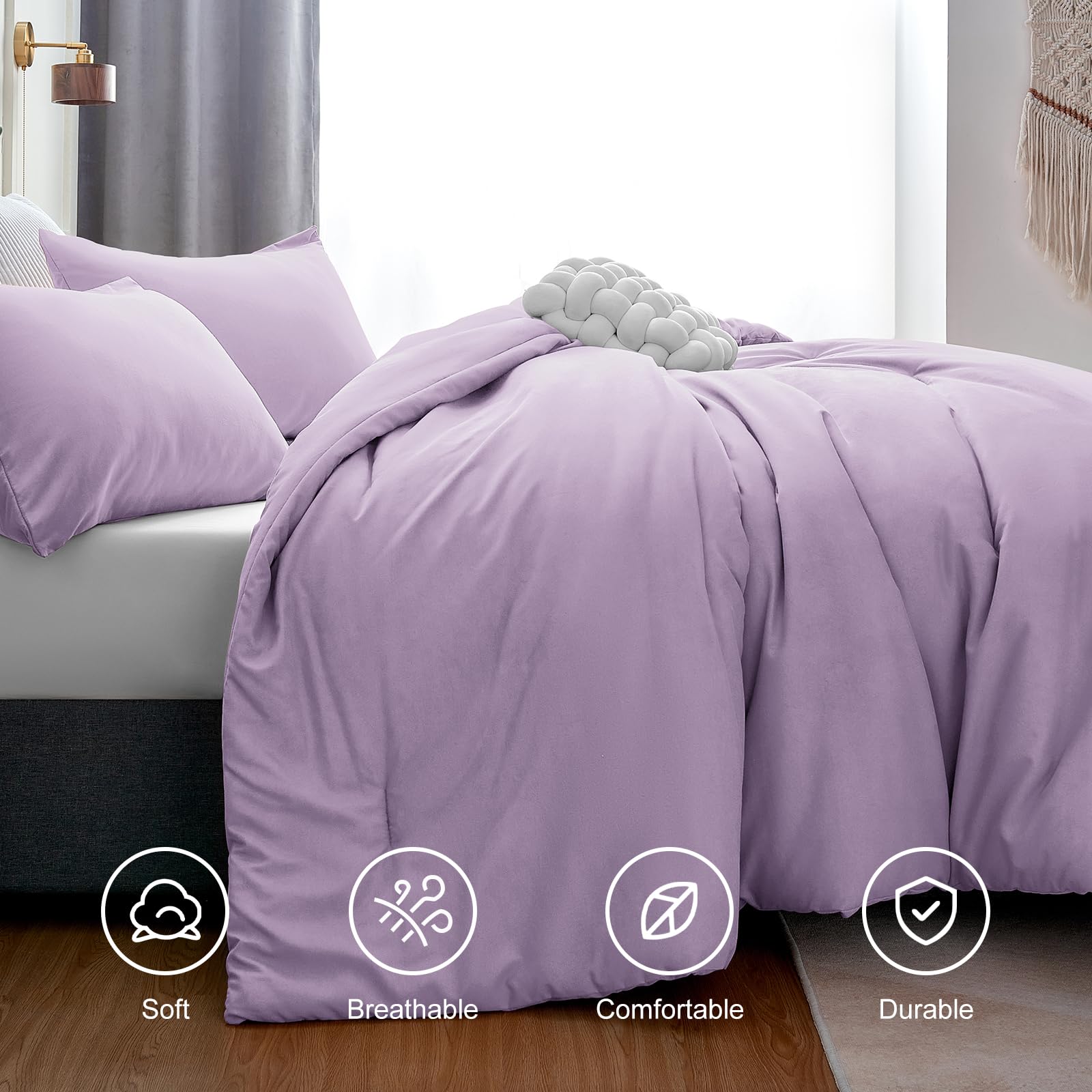 Cozylux Lavender Purple Comforter Set Queen Size, 3 Pieces Solid Breathable Quilted Boho Style Bedding Sets, Luxury Fluffy Soft Microfiber Comforter For All Season(1 Comforter & 2 Pillowcases)