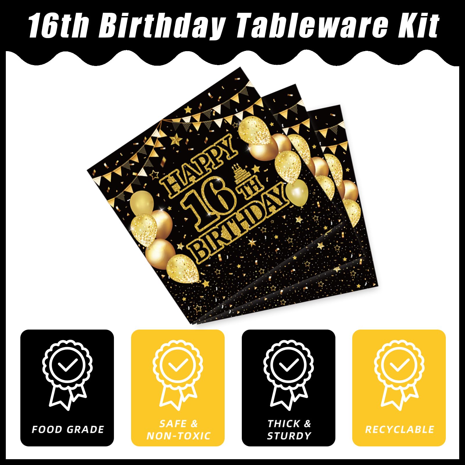 96Pcs 16Th Birthday Party Tableware Set, Black Gold Cheers To 16 Years Party Decorations Supplies 16 Years Old Birthday Party De