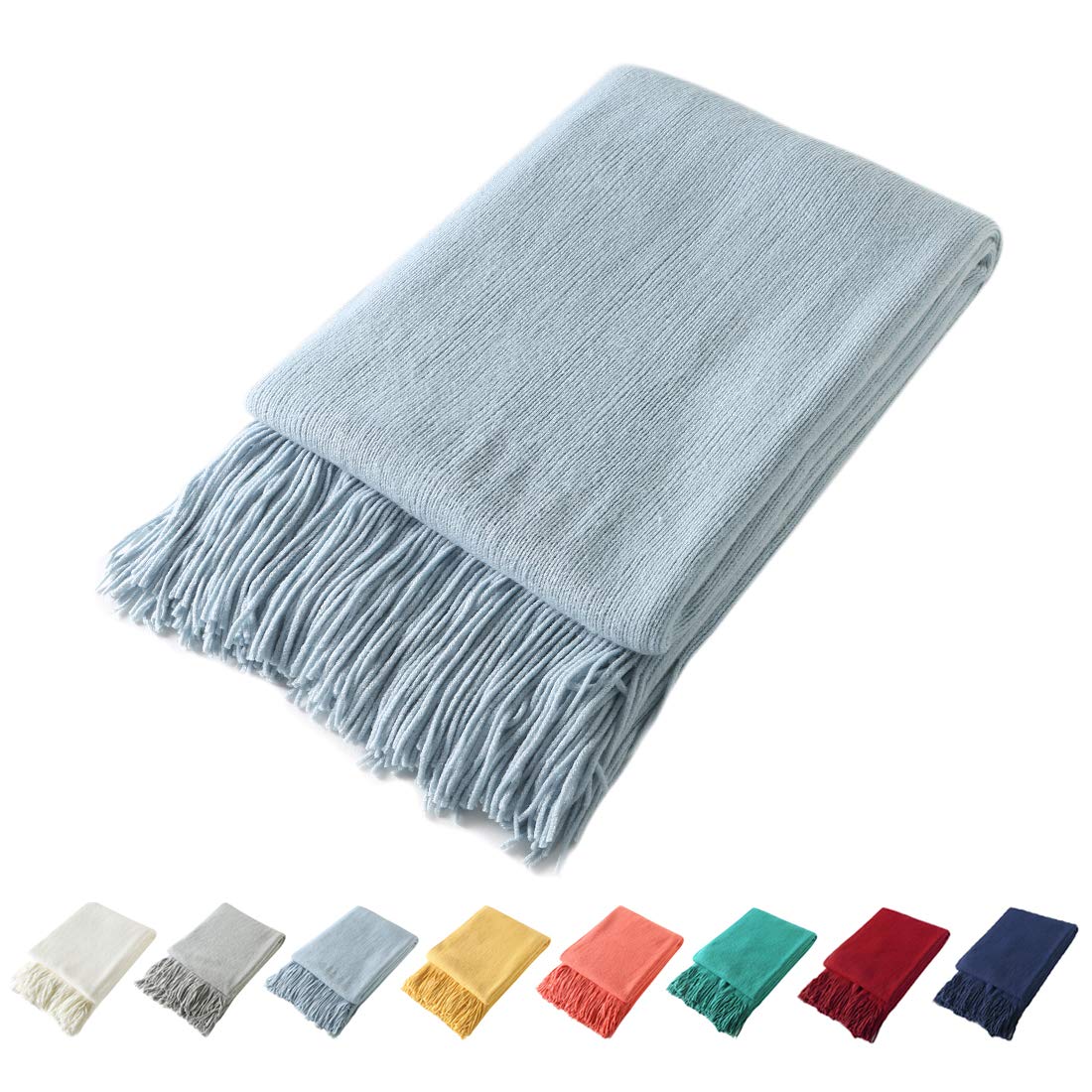 Homiest Decorative Knitted Throw Blanket With Fringe Soft & Cozy Tassel Blanket For Couch Sofa Bed (Light Blue,50X60)