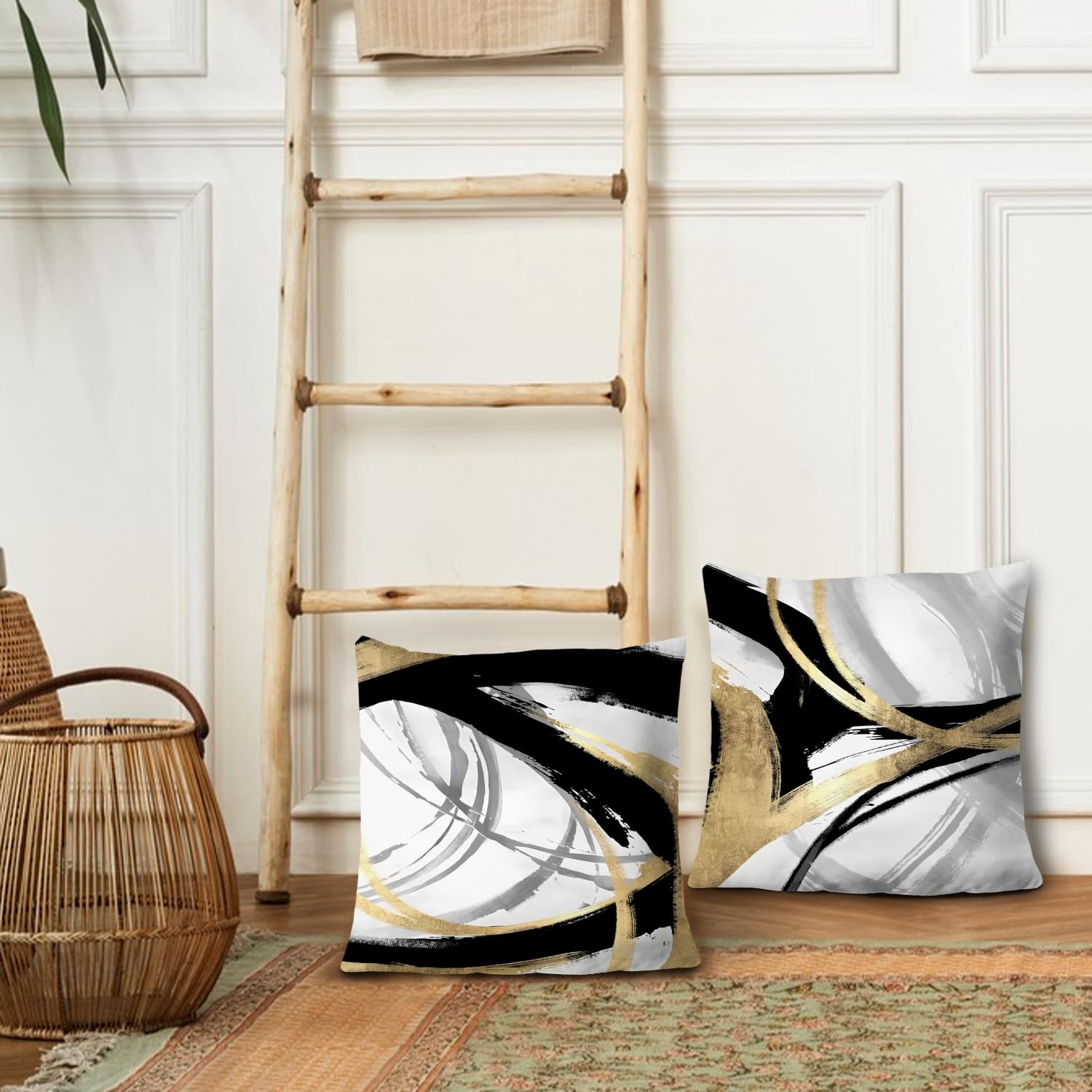 Supwhd Black White And Gold Pillow Covers, Abstract Black And Gold Pillow Covers 18X18 Set Of 2, Modern Boho Home Decor, Black A