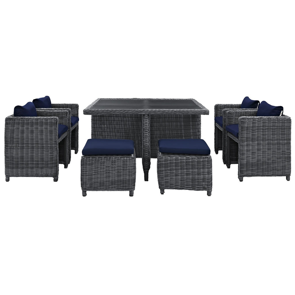 Modway Summon Wicker Rattan Outdoor Patio Sunbrella 9-Pc Dining Set In Canvas Navy