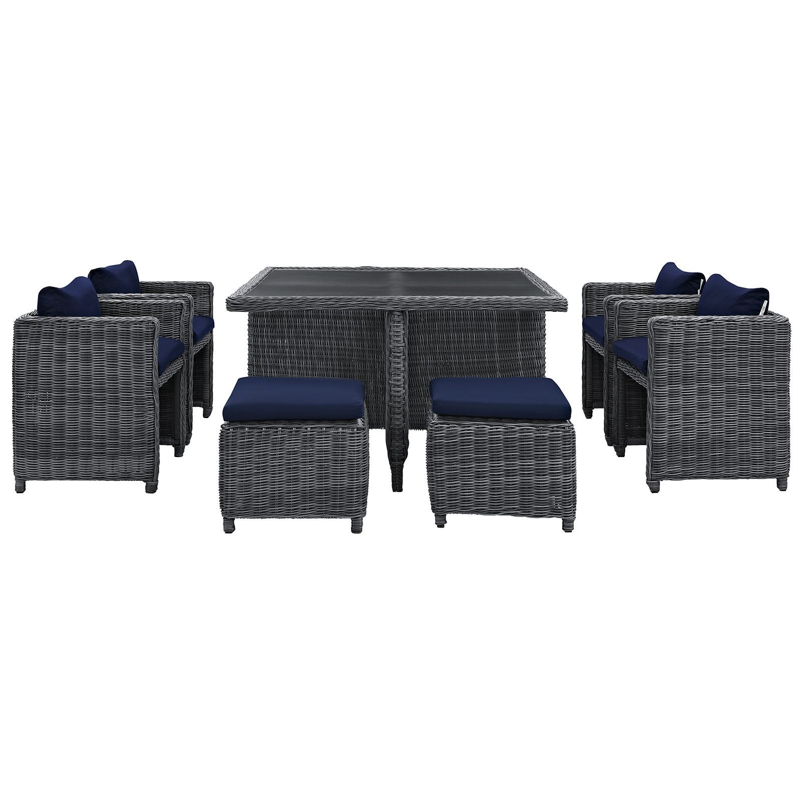 Modway Summon Wicker Rattan Outdoor Patio Sunbrella 9-Pc Dining Set In Canvas Navy