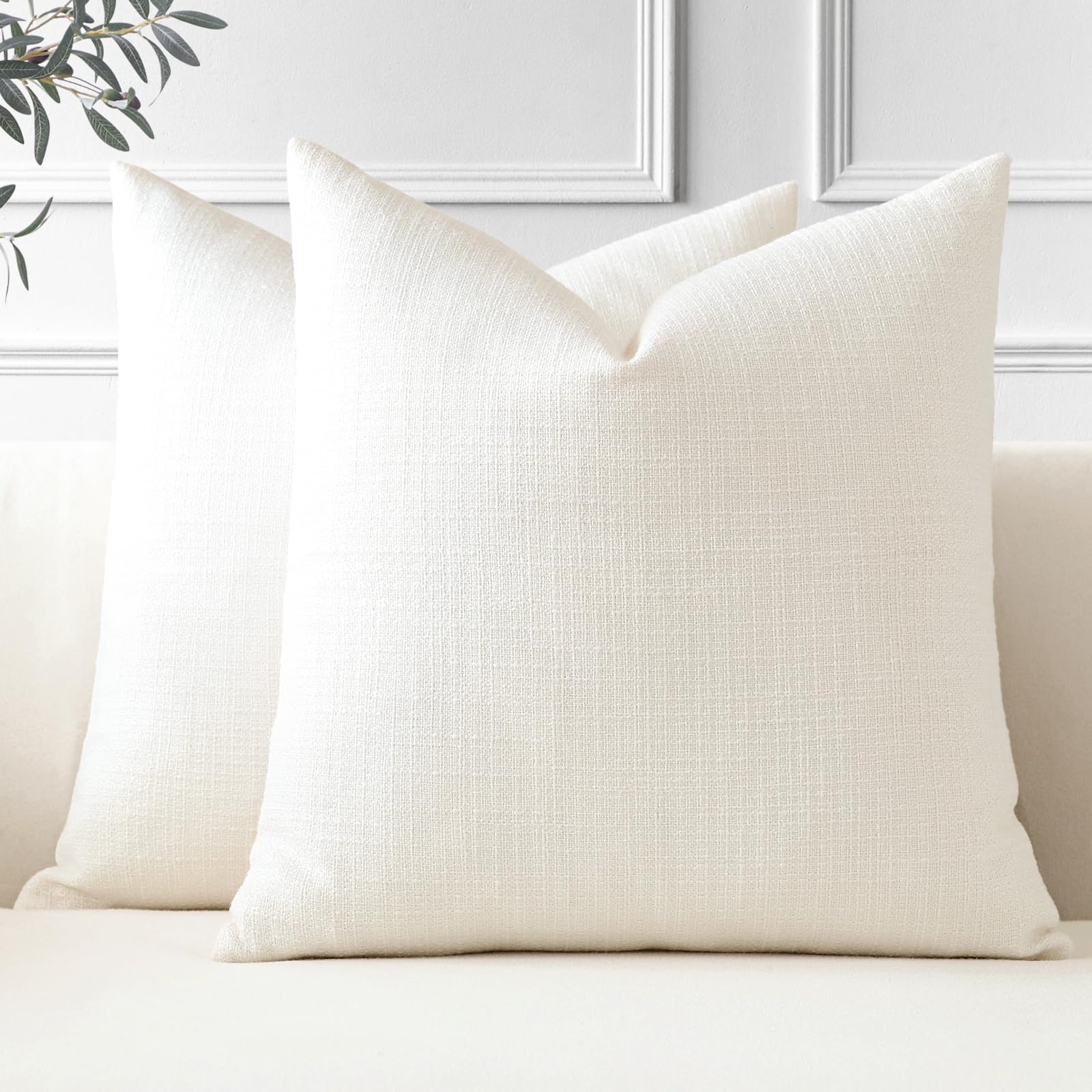 OTOSTAR Pack of 2 Throw Pillow Covers 24x24 Inch Linen Cream Pillowcases Farmhouse Decorative Solid Pillow Covers 60x60 cm Squar