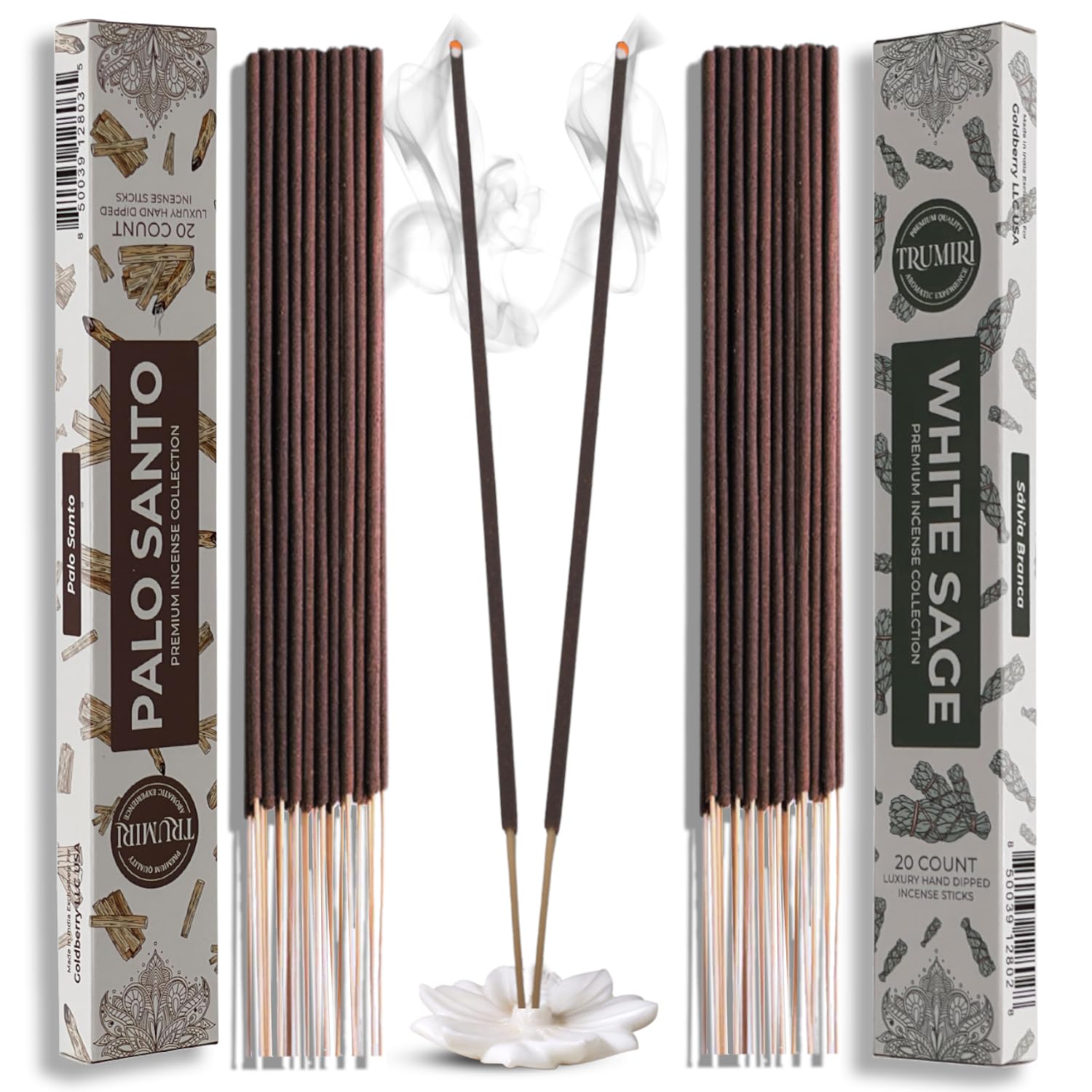 Trumiri Incense Sticks - Combo Pack of 40 Insence-Sticks - 20 Palo Santo + 20 White Sage - Cleansing Insense - Insents - Incents