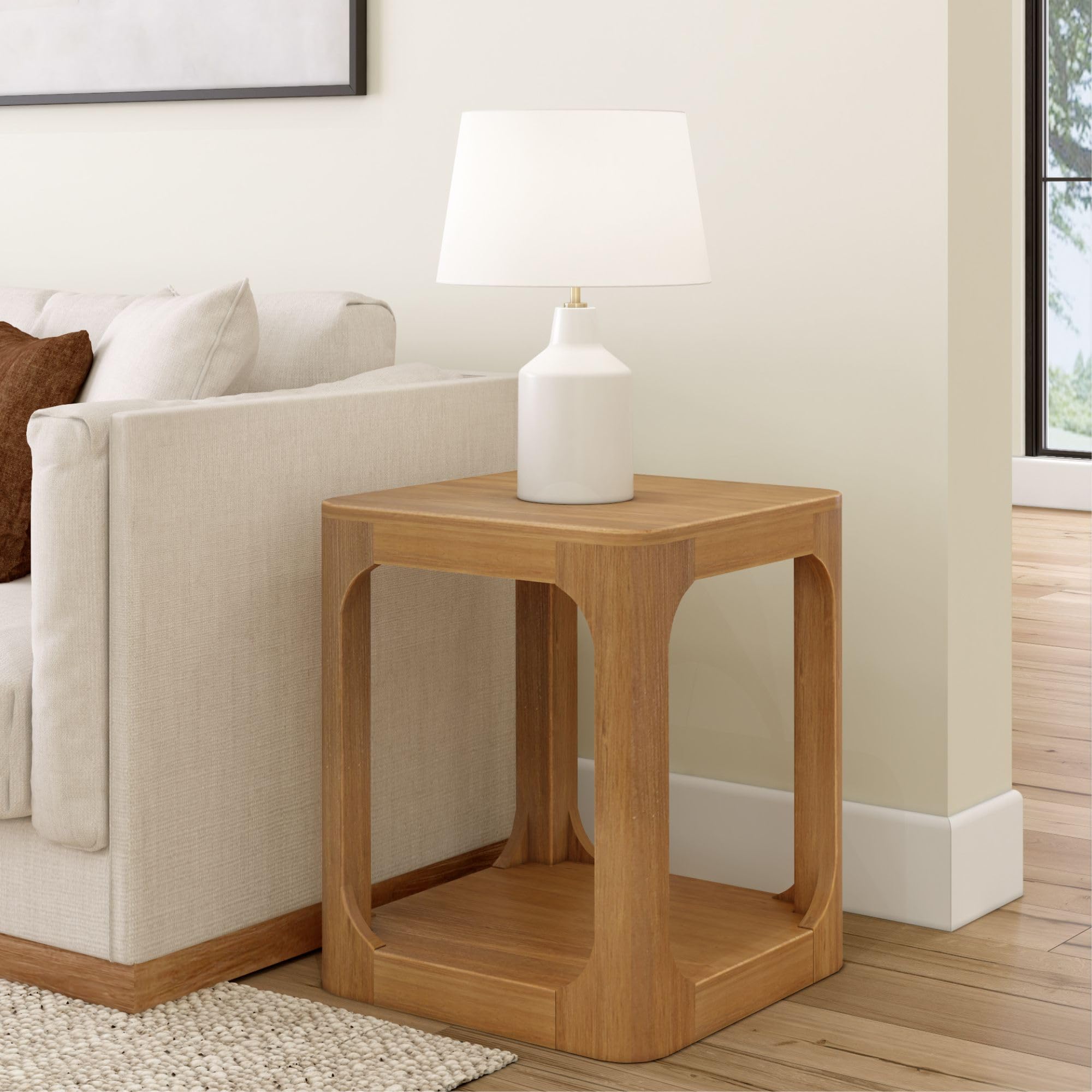 Plank+Beam Modern Rounded Square Side Table with Shelf, Solid Wood End Table for Living Room, 20in, Pecan