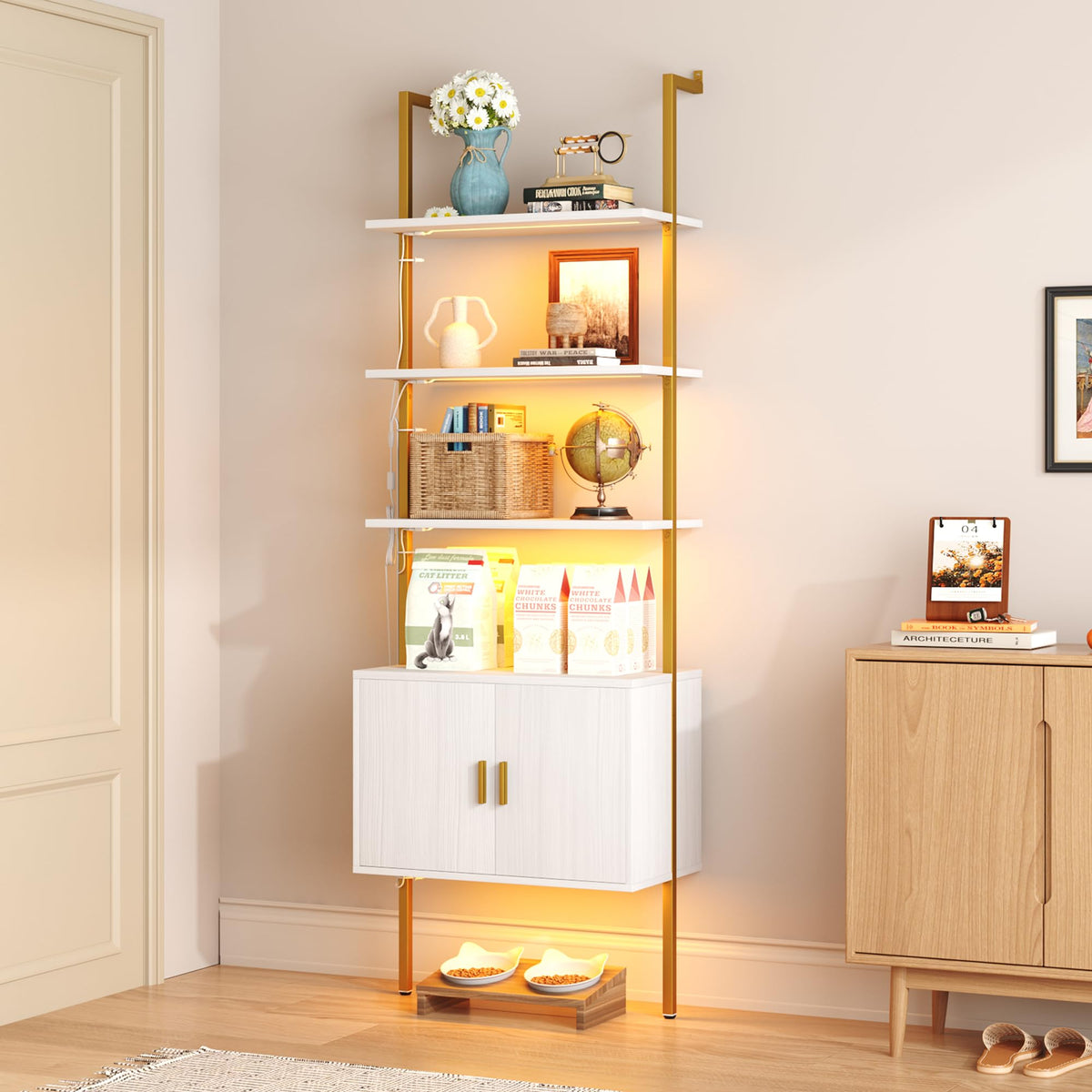 Yusong 73 Tall Bookshelf with Cabinet and RGB LED Lights, 7Color Adjustable Industrial Ladder Wall Mount Shelf, Frame Bookcase