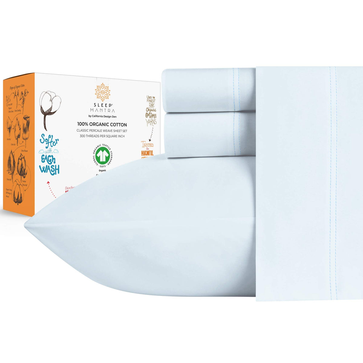 Sleep Mantra 100% Organic Cotton Bed Sheet Set - Crisp And Cooling Percale Weave, Soft Breathable, Eco-Friendly, 3 Piece Bedding