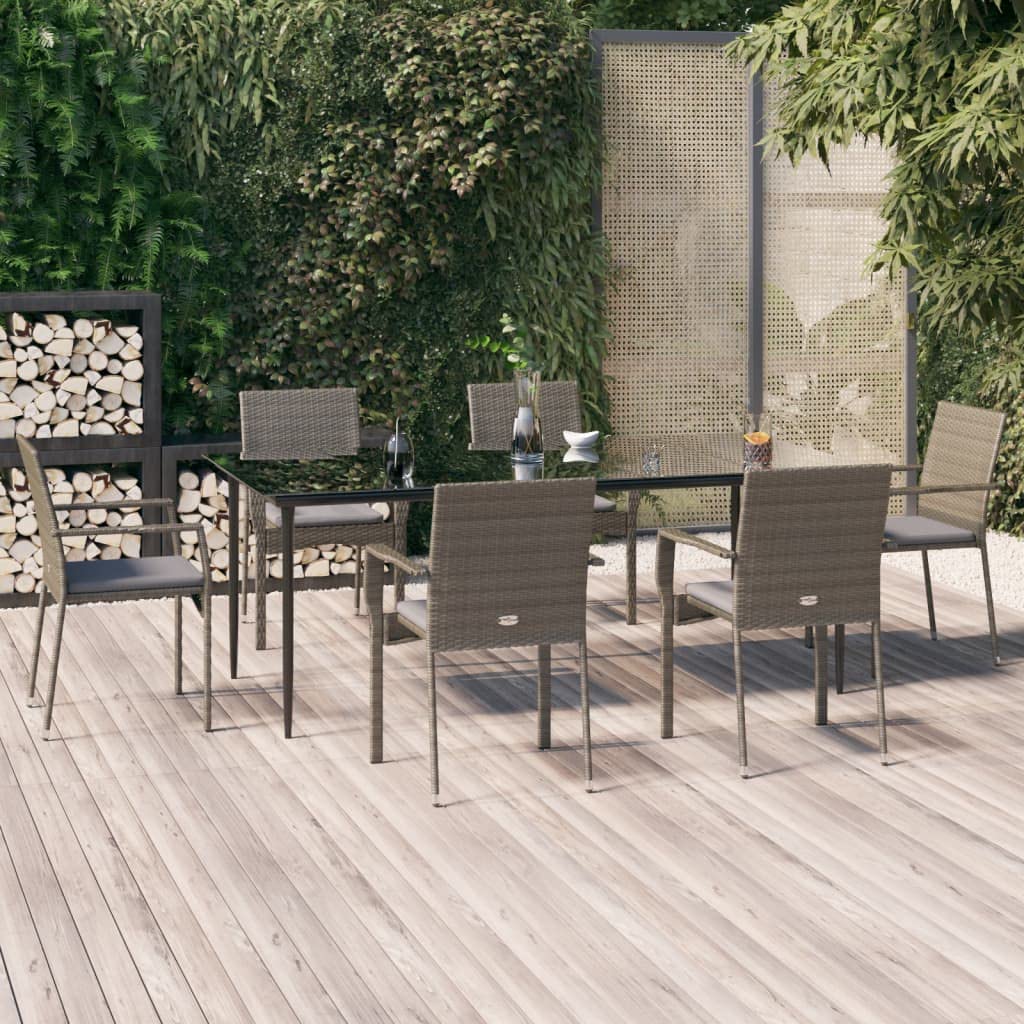 vidaXL 9-Piece Outdoor Dining Set - Elegant, Weather-Resistant Poly Rattan in Black and Gray - Features Tempered Glass Tabletop and Comfortable Garden Chairs with Dark Gray Cushions