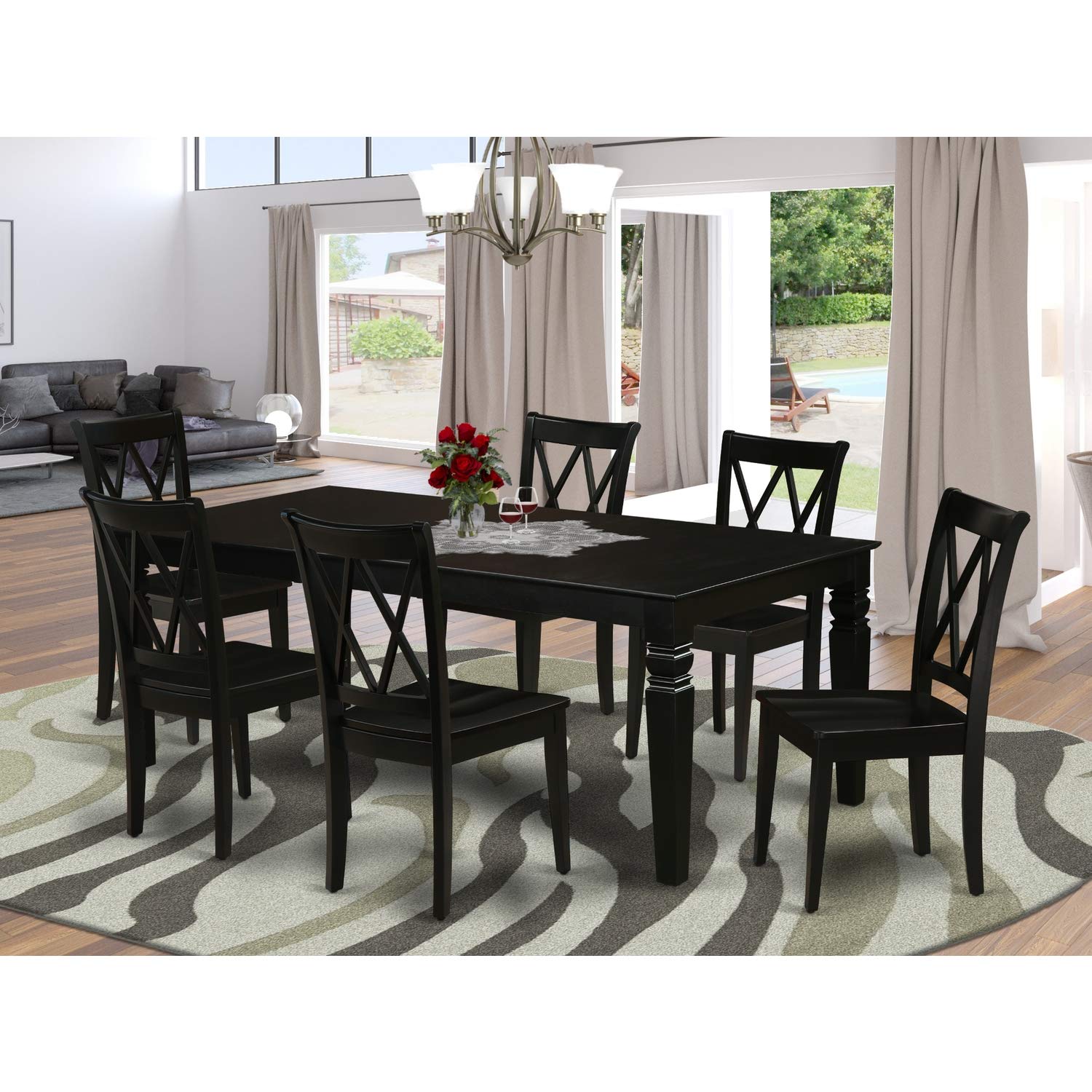 East West Furniture Lgcl7-Blk-W 7Pc Dinette Set Includes A Rectangular 66/84 Inch Dining Room Table With Butterfly Leaf And 6 Wood Seat Chairs, Black Finish, 42X84 Inch