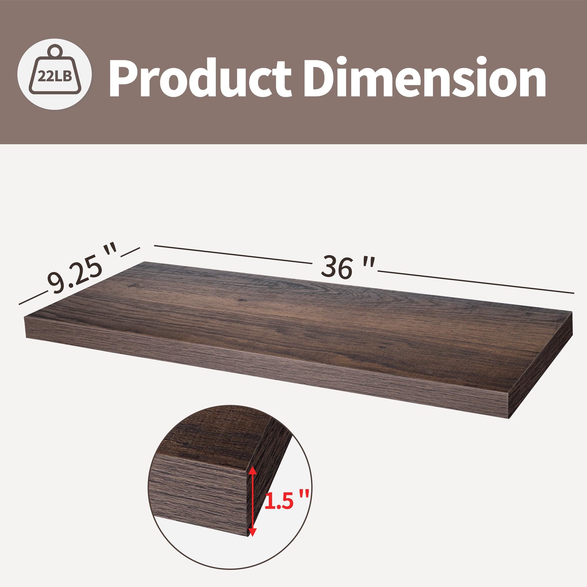 Lavie Home Floating Shelves, 36 Inch Wall Shelf Set Of 2, Hanging Shelf With Invisible Brackets, Wall Decor For Bathroom, Bedroom, Living Room, Kitchen Storage, Rustic Brown